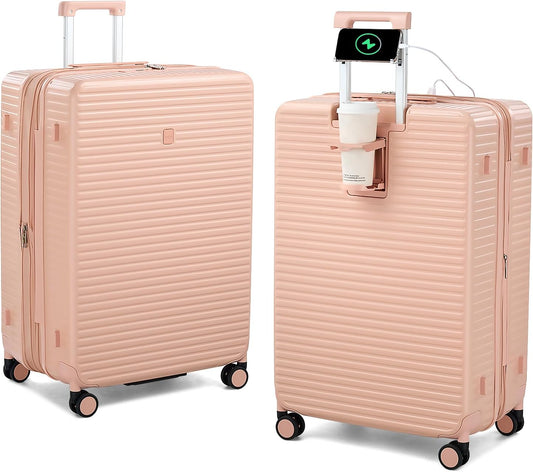Hard Shell Suitcases Expandable Luggage 28 Inch, Large Checked Luggage Check In Travel Luggage with Spinner Wheels Cup Holder Charger Built in Lightweight Suitcase, Pink