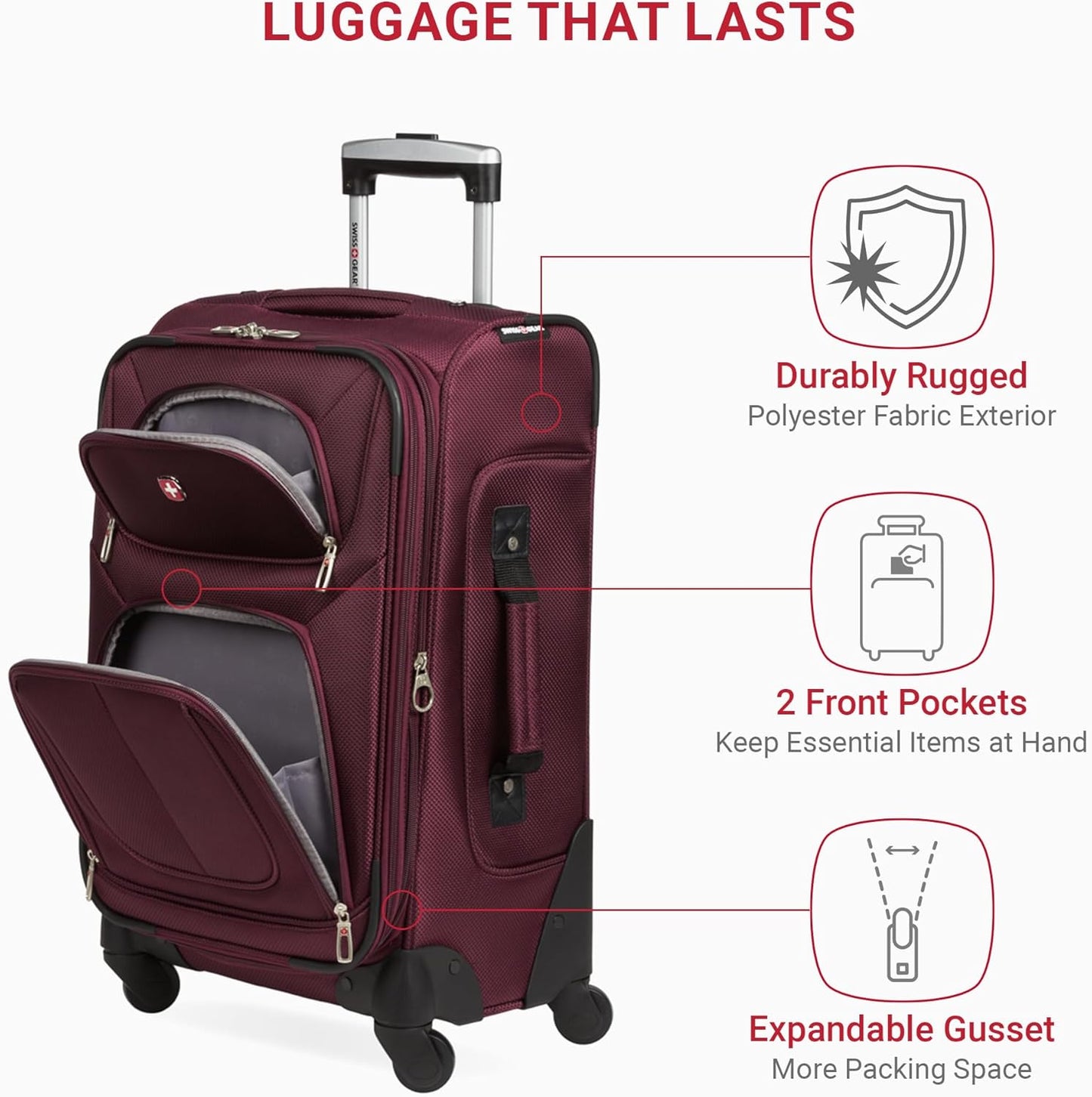 SwissGear Sion Softside Expandable Luggage – Carry-On Suitcase with 360 Degree Wheels & Retractable Handle – 21 Inch, Perfect for 1-3 Night Trips – Merlot