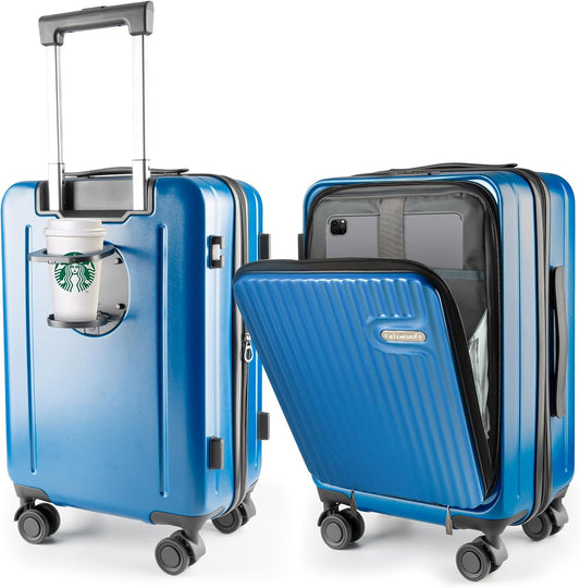 19-Inch Hardshell Carry-On Luggage with Front Compartment, 360° Spinner Wheels, TSA Lock, Cup Holder & Bag Hook - Airline Approved Business Travel Suitcase (Blue)