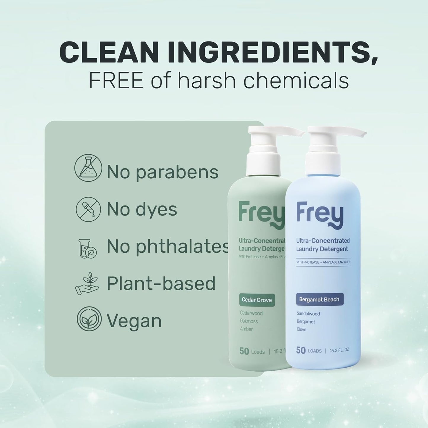 FREY Concentrated Liquid Laundry Detergent | Formulated for Sensitive Skin & HE Washers | Removes Stains Effectively | 50 Loads per Bottle (Cedar Grove & Bergamot Beach)