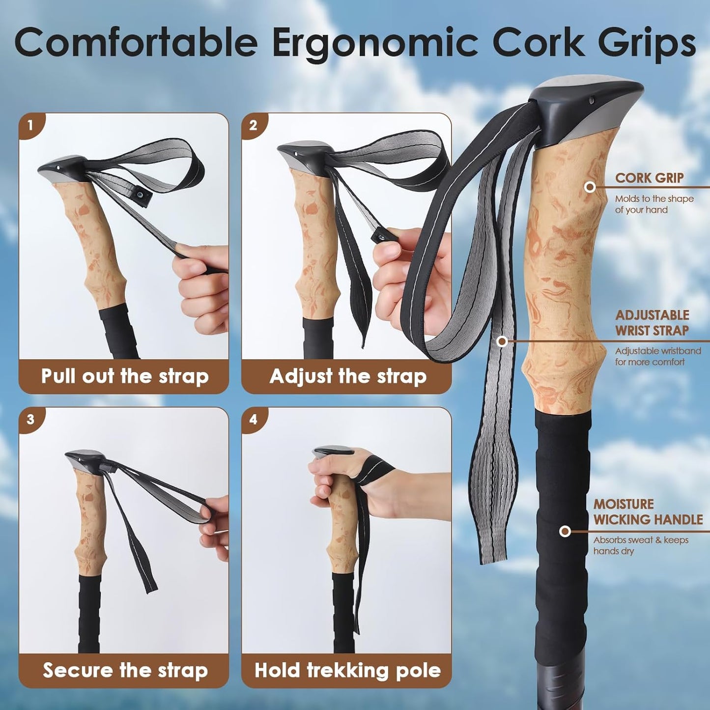 Hiking Poles Collapsible Trekking Poles, Lightweight Folding Walking Stick for Travel with EVA Handle, Walking Stick for Women Men, Adjustable Height, Set of 2