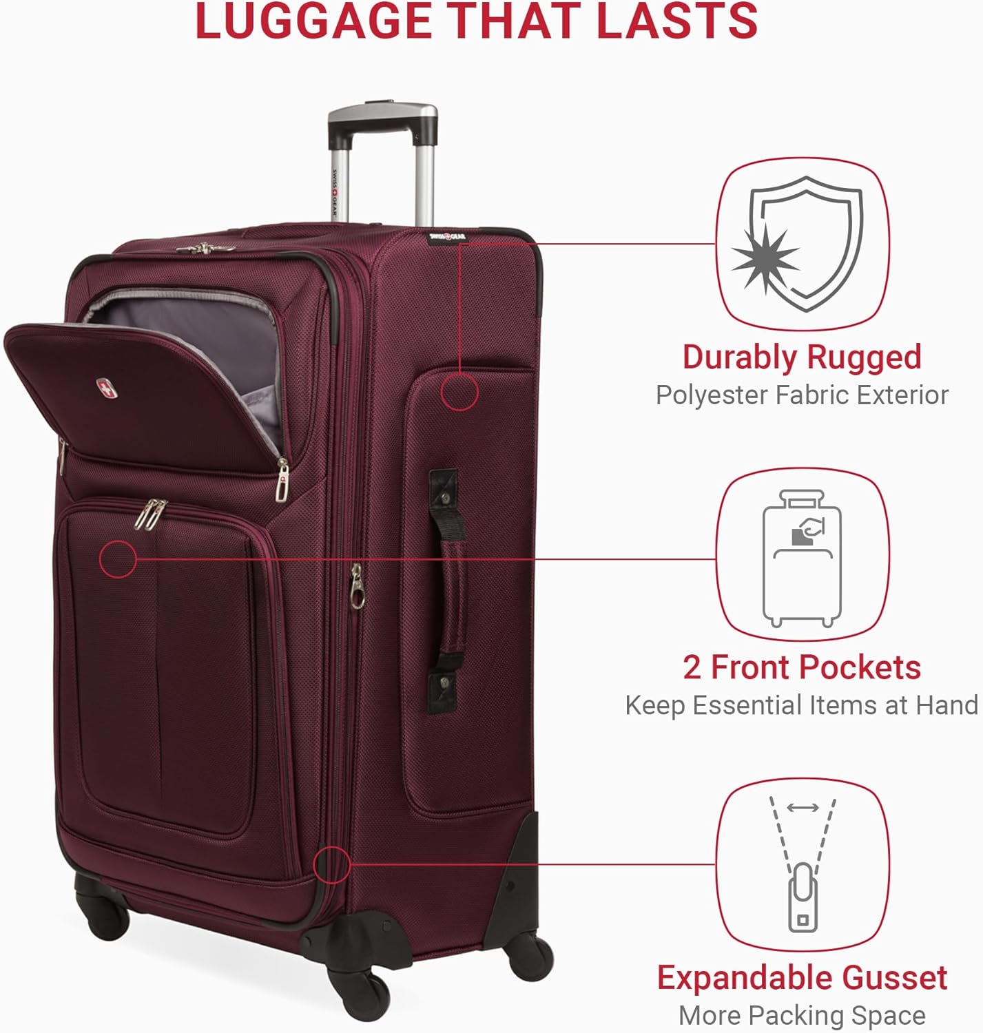 SwissGear Sion 3-Piece Set, Softside Expandable Luggage – 21 Inch Carry-On & 25 & 29 Inch Checked Suitcases with 360 Degree Wheels & Retractable Handles – Merlot