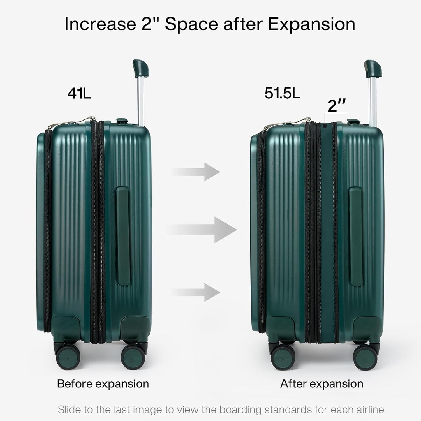 Hanke Grace Expandable Carry On Luggage with Wheels Airline Approved Hard Shell Suitcases with Front Pocket，Top Opening Luggage with TSA Lock for Short Business Travel, Blackish Green.