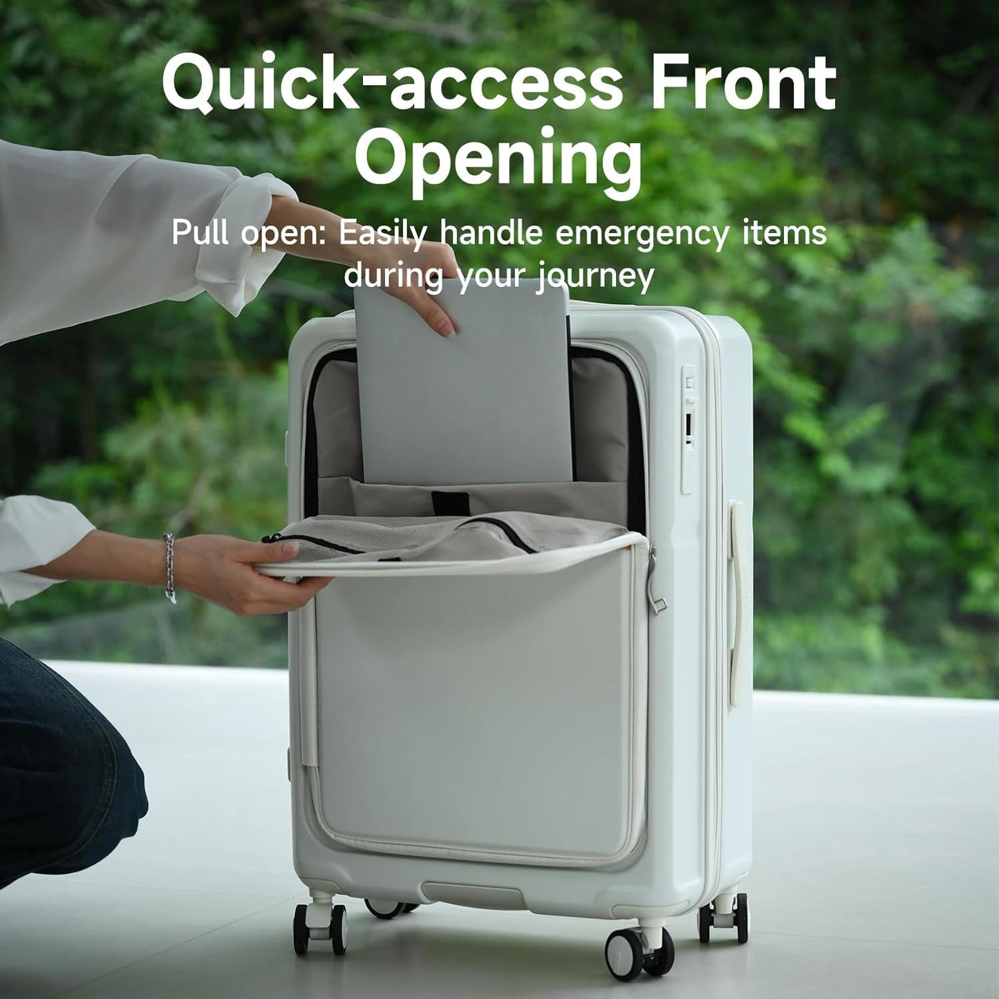 ROAMING Expandable 24-Inch Checked Luggage with Mute Brake Wheels Airline Approved Hard Shell Suitcases with Front Pocket Top Opening Luggage with TSA Lock for Short Business Travel, Beech white