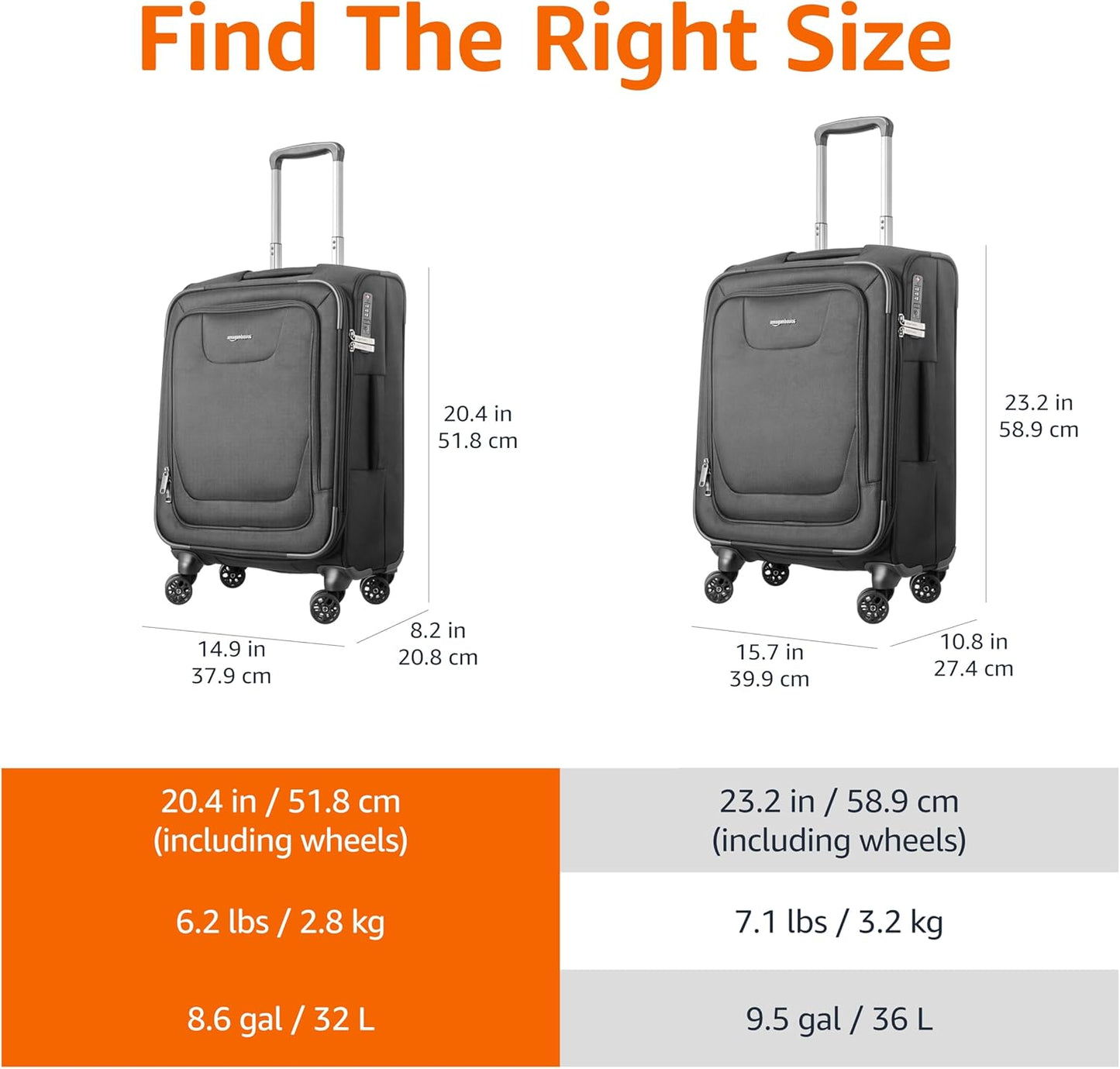 Amazon Basics 17" Carry On Luggage, Softside Suitcase With TSA Lock, 8 Spinner Wheels, Front Exterior Pocket, 3 Interior Pockets For Dry and Damp Clothes/Towels Separately, Black