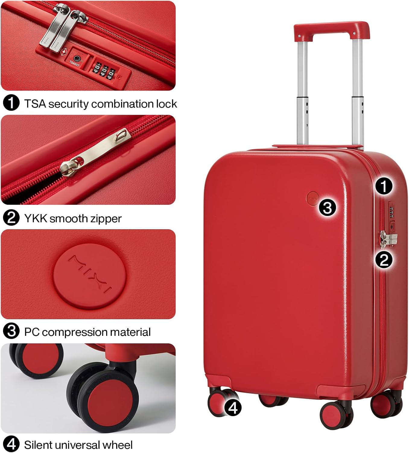mixi Carry on Luggage, 20'' Suitcase Spinner Wheels Luggage Hardshell Lightweight Rolling Suitcases PC with Cover & TSA Lock for Business Travel, Red