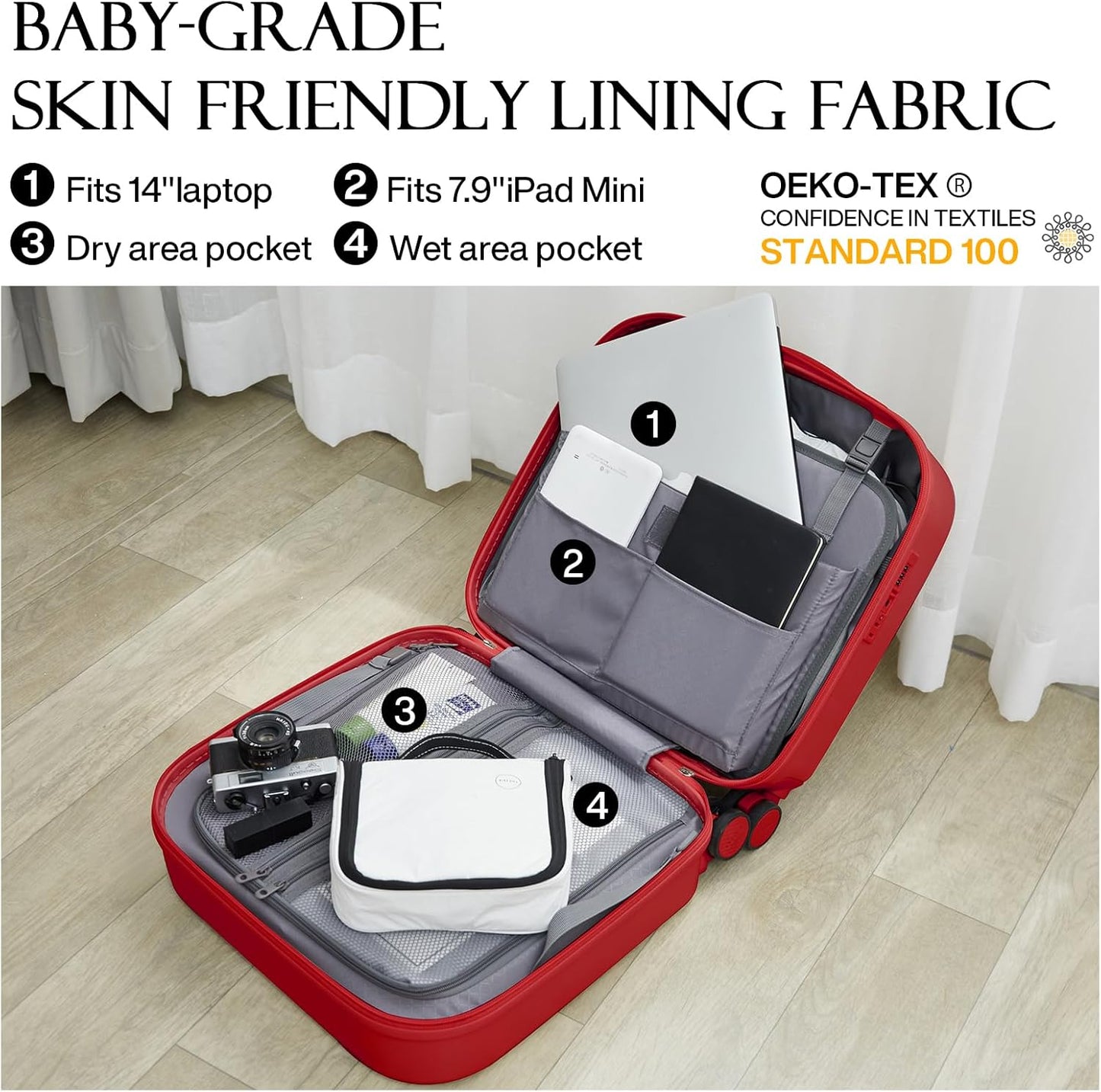 mixi Carry on Luggage, Suitcase with Spinner Wheels 16in Luggage Hardshell Lightweight Rolling Suitcases PC with Cover & TSA Lock, Red