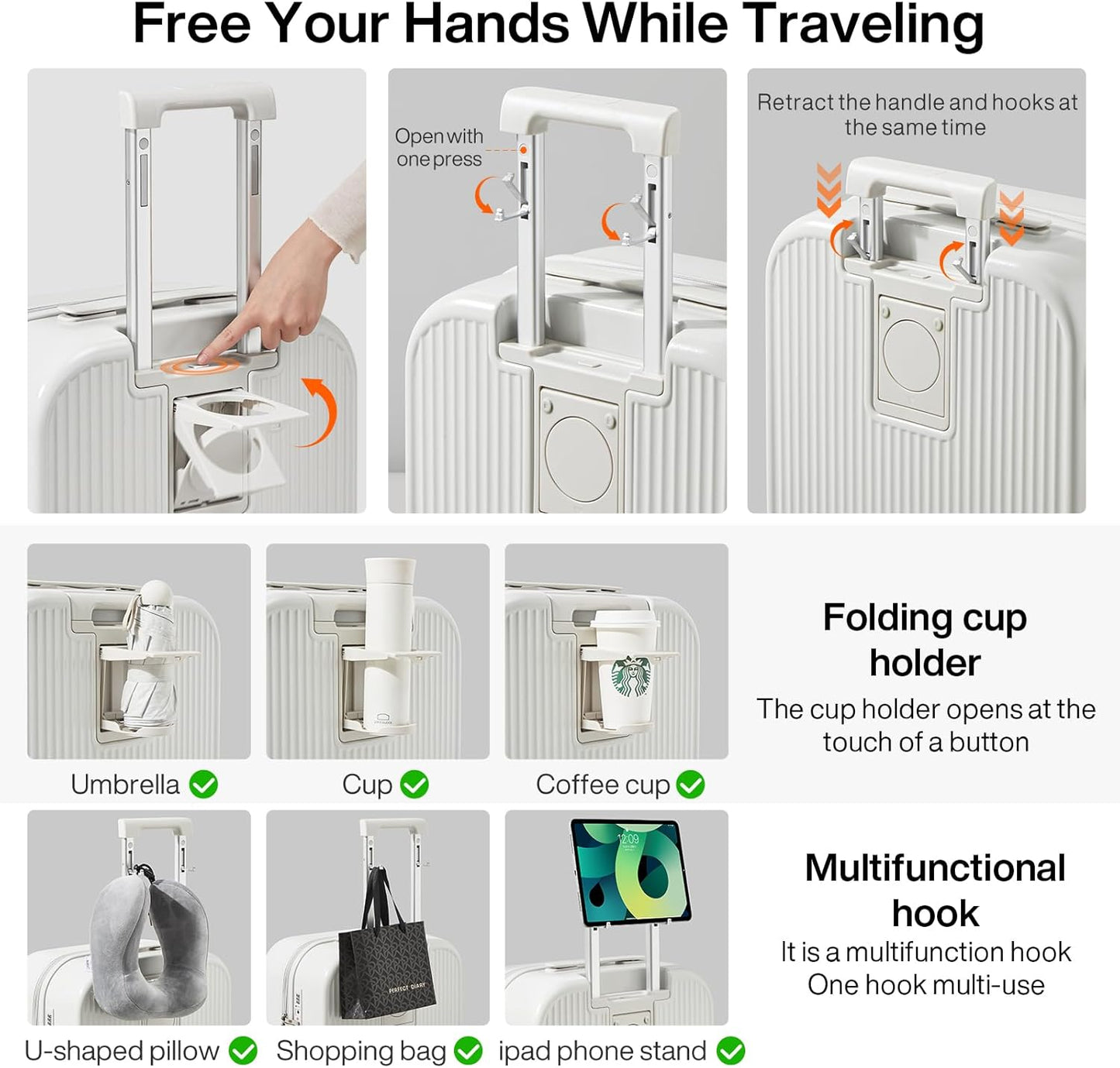 mixi Checked Luggage with Cup Phone Holder Hard Shell Rolling Travel Suitcase with Spinner Wheels,24 Inch Smoke White