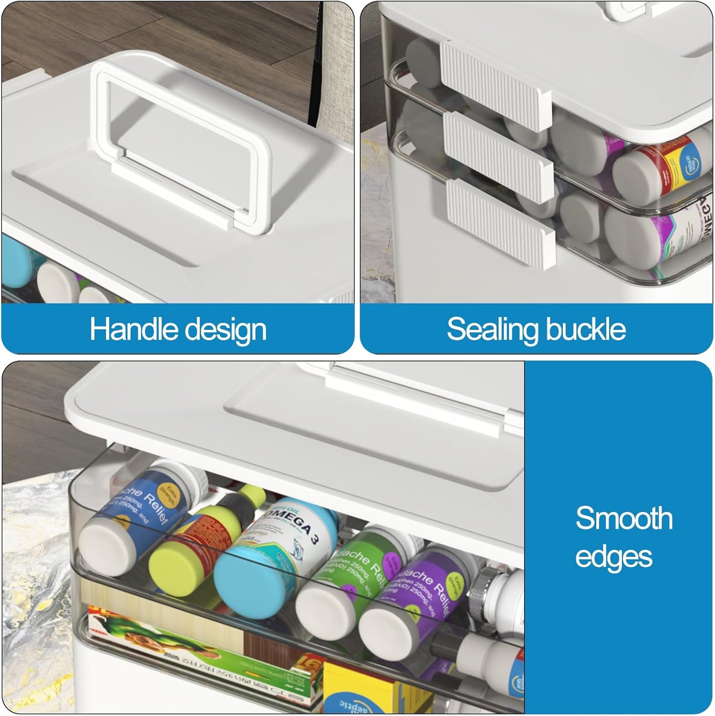 Morcte 3-Tier Medicine Organizer, Portable Medicine Cabinet with Handle, Empty First Aid Kit for Home/Travel