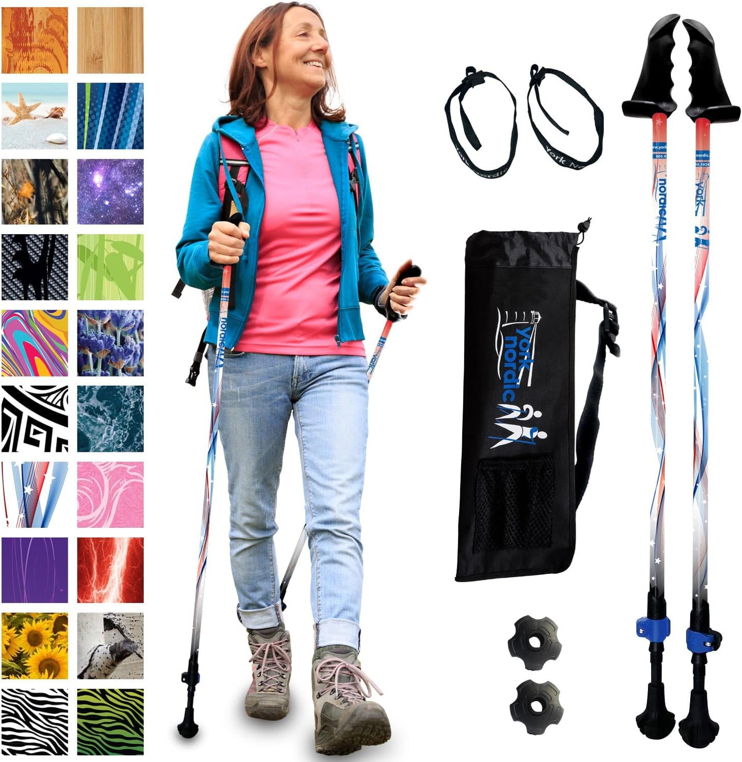 York Nordic Motivator Walking Poles for Balance and Rehab - Patented Stability Grips - Lightweight, Adjustable, and Collapsible - 2 Pieces Adjustable w/flip Locks - Heights 4'6" up to 6'2" - 230 lbs