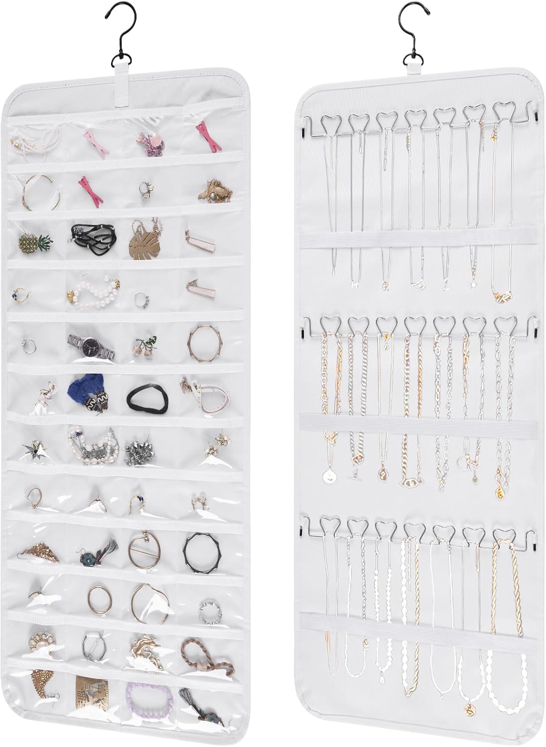 Bloss Hanging Jewelry Organizer, Double-Size jewelrys Storage with Hanger Hooks, Large Jewelrys Storage with 48 Pocket, Earring,Necklace Holder,Womens Jewelry Holder,White