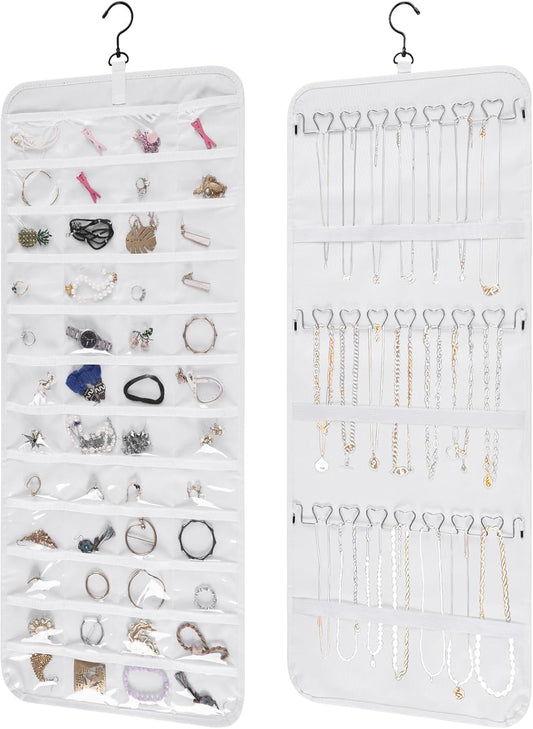 Bloss Hanging Jewelry Organizer, Double-Size jewelrys Storage with Hanger Hooks, Large Jewelrys Storage with 48 Pocket, Earring,Necklace Holder,Womens Jewelry Holder,White