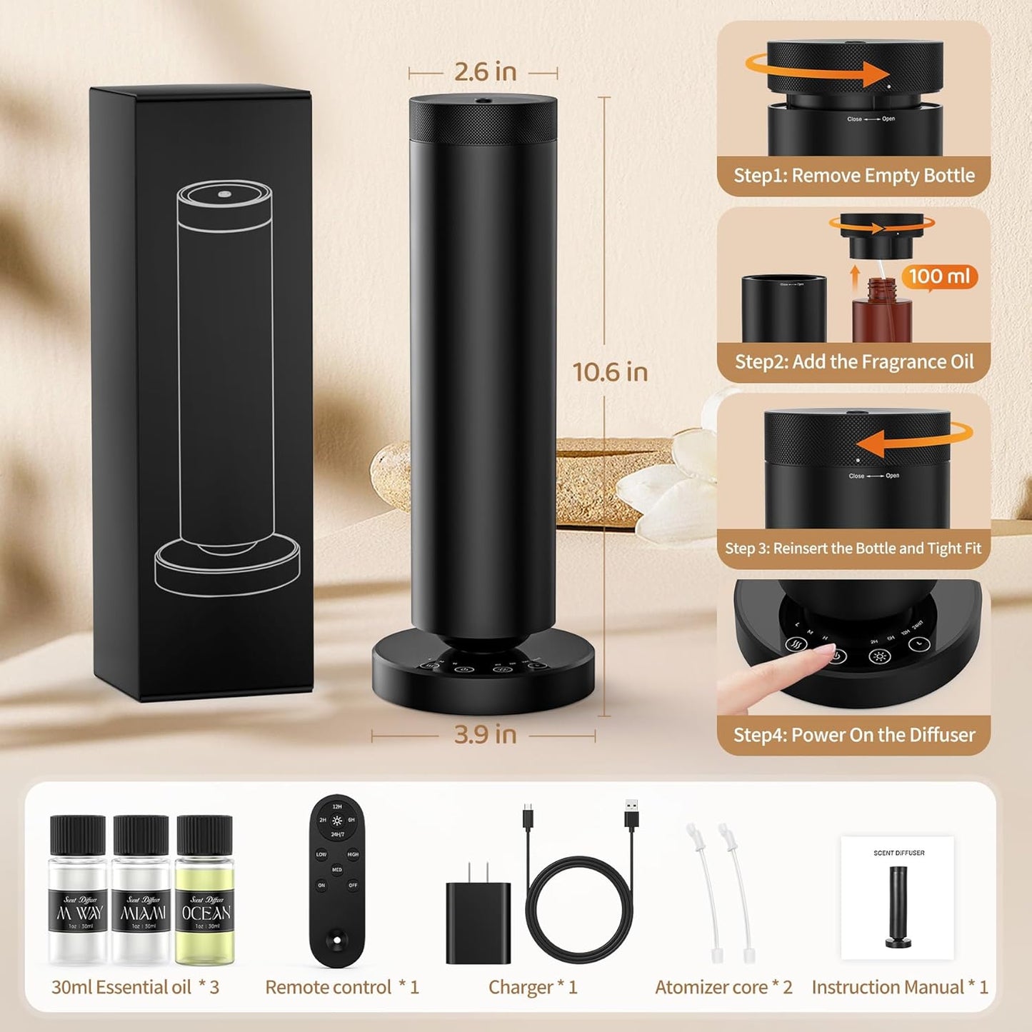 Waterless Diffuser with 90ML Essential Oils, Covers 1000 Sq Ft, Diffusers for Home Hotel, Adjustable Mist & Timer, Scent Diffuser Starter Kit with Night Light, Black