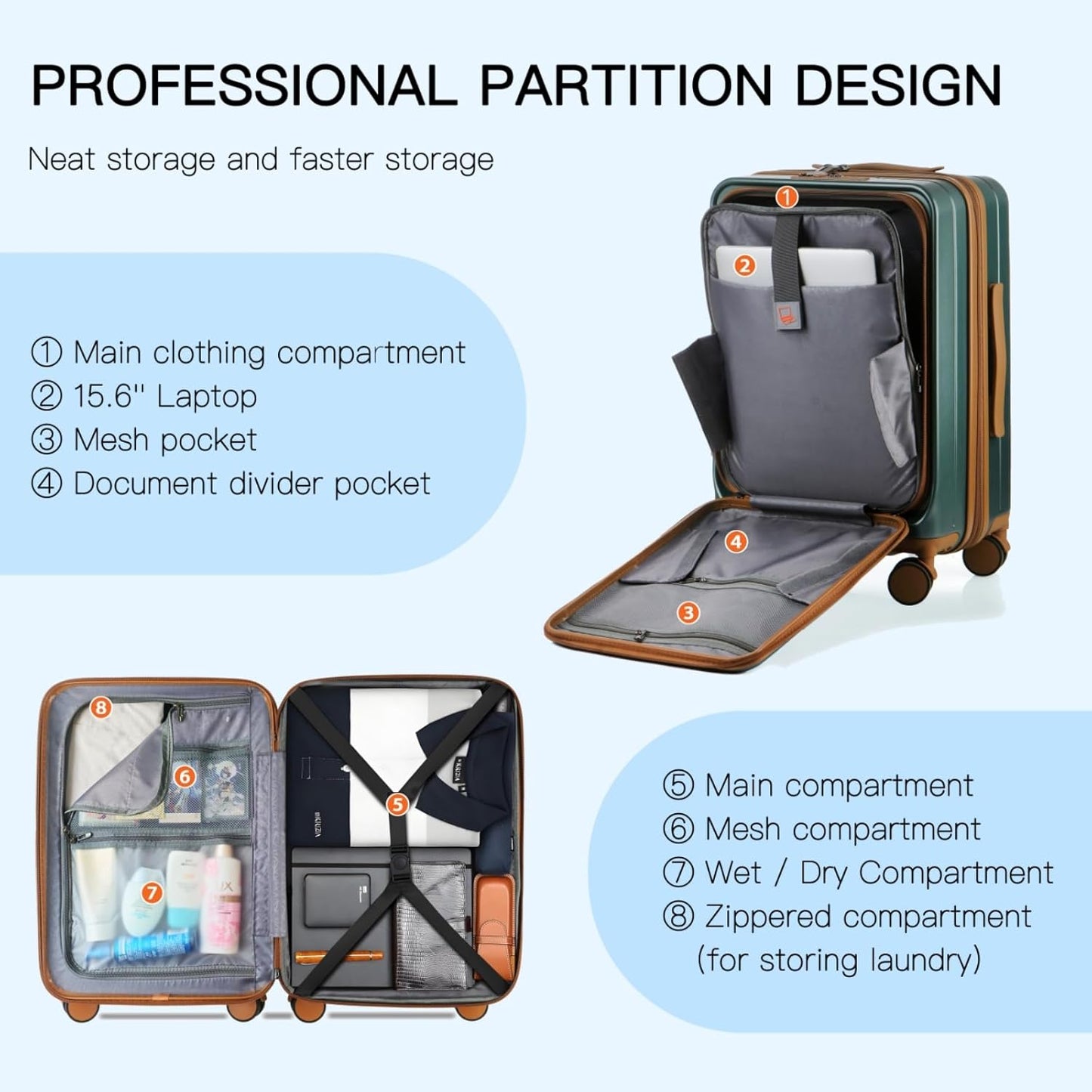 Carry On Luggage Airline Approved, 20 Inch Expandable PC Hardside Lightweight Suitcases with Spinner Wheels and TSA Lock (Dark Green, 20 Inch)