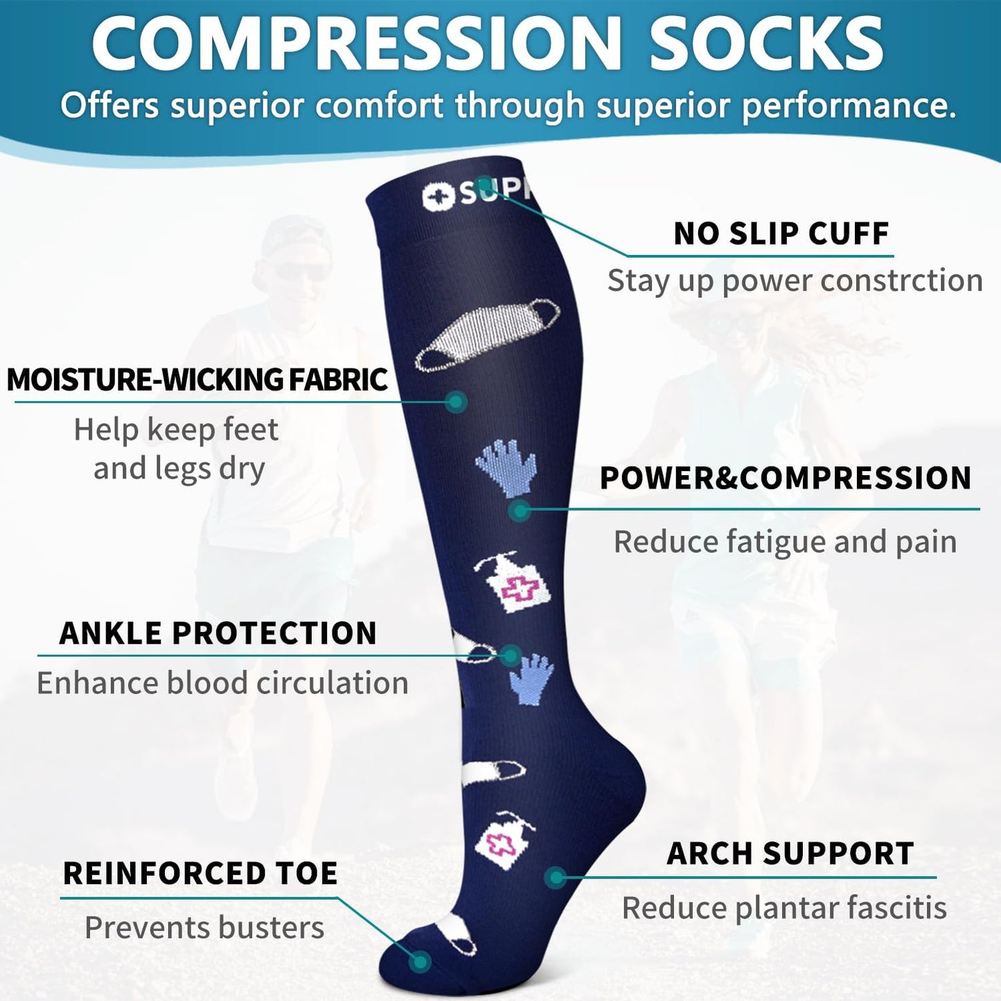 6 Pack Copper Compression Socks for Women and Men Circulation-Best Support for Medical, Running,Nursing,Athletic