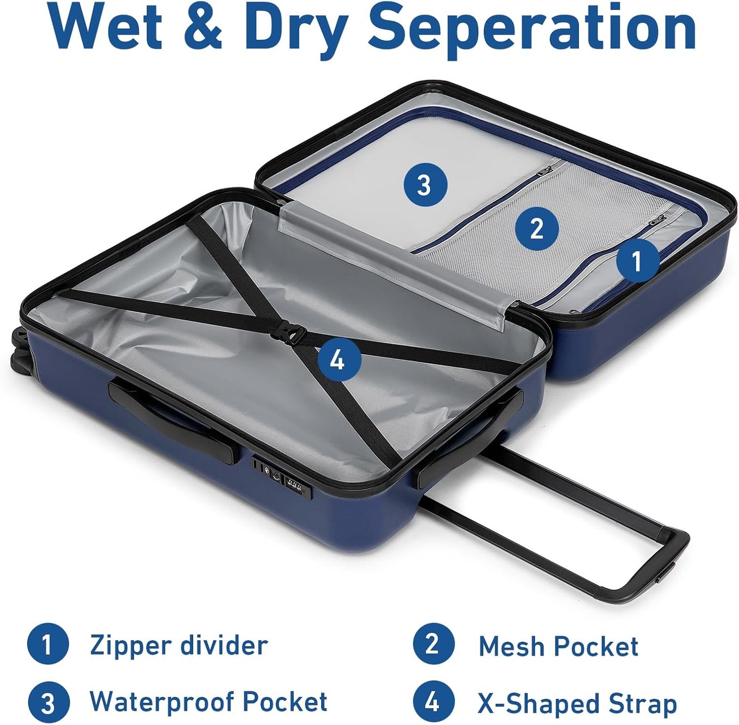 KYME 24-Inch Medium Luggage with Dual 360° Spinner Wheels Hardshell Checked TSA Approved Suitcase for Lightweight Travel (Navy Blue, 24" Checked)