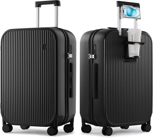 mixi Checked Luggage with Cup Phone Holder Hard Shell Rolling Travel Suitcases with Spinner Wheels,24 Inch Black