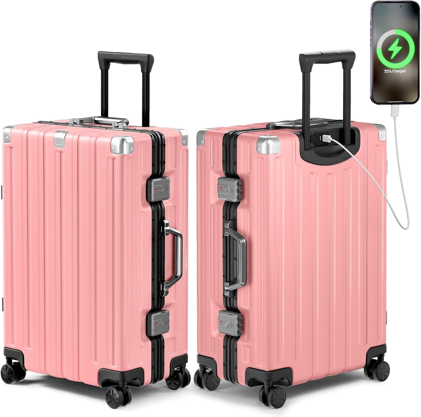 Krute Checked Aluminum Frame Suitcase 24 Inch Zipperless Luggages Hardside PC Luggage With Spinner Wheels TSA Lock USB Charger Suitcases(1 Piece)