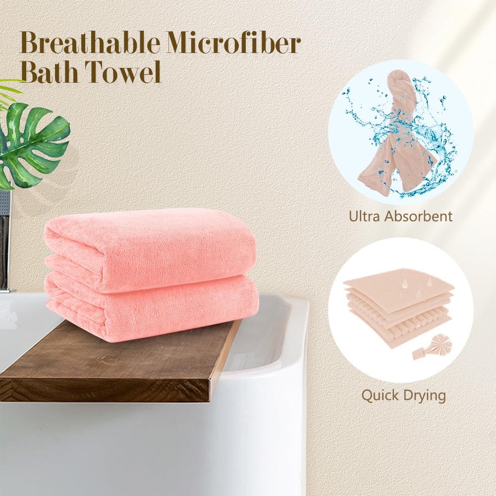 Orighty Microfiber Bath Towels Pack of 4(27'' x 54'') - Soft Feel, Highly Absorbent, Quick Drying for Body, Sport, Yoga, SPA, Fitness - Pink