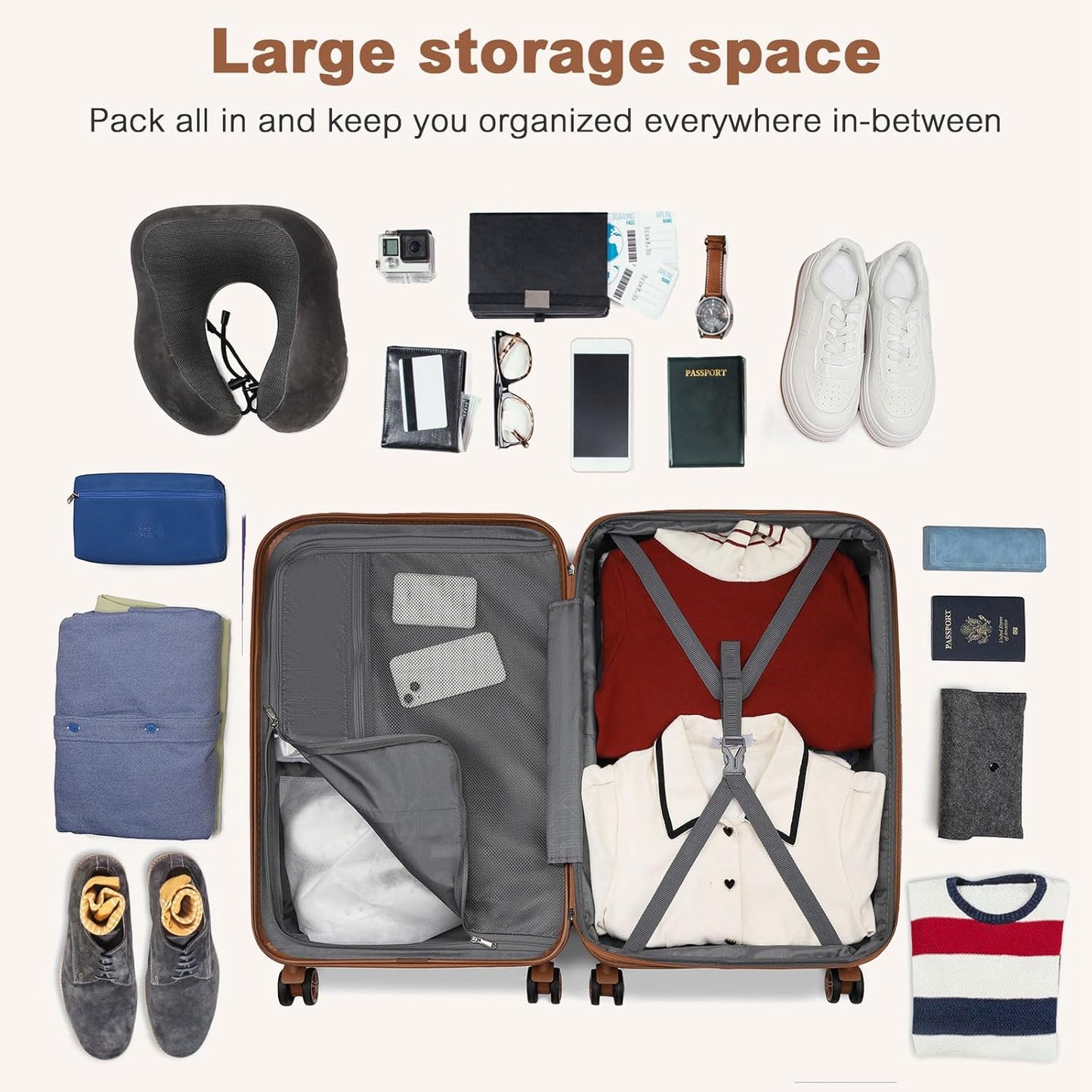 Kono Medium Sized Checked Luggage, 24 Inch Expandable with Spinner Wheels, TSA Lock, ABS + PC Lightweight Travel Suitcase with Larger Capacity and Lighter Weight, Grey Brown