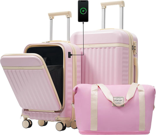 Merax Luggage Sets 2 Piece Front Opening, Hardside Lightweight Carry on Suitcase with USB Port,Durable Expandable Luggage with Bags Spinner Wheels and TSA Lock,Pink