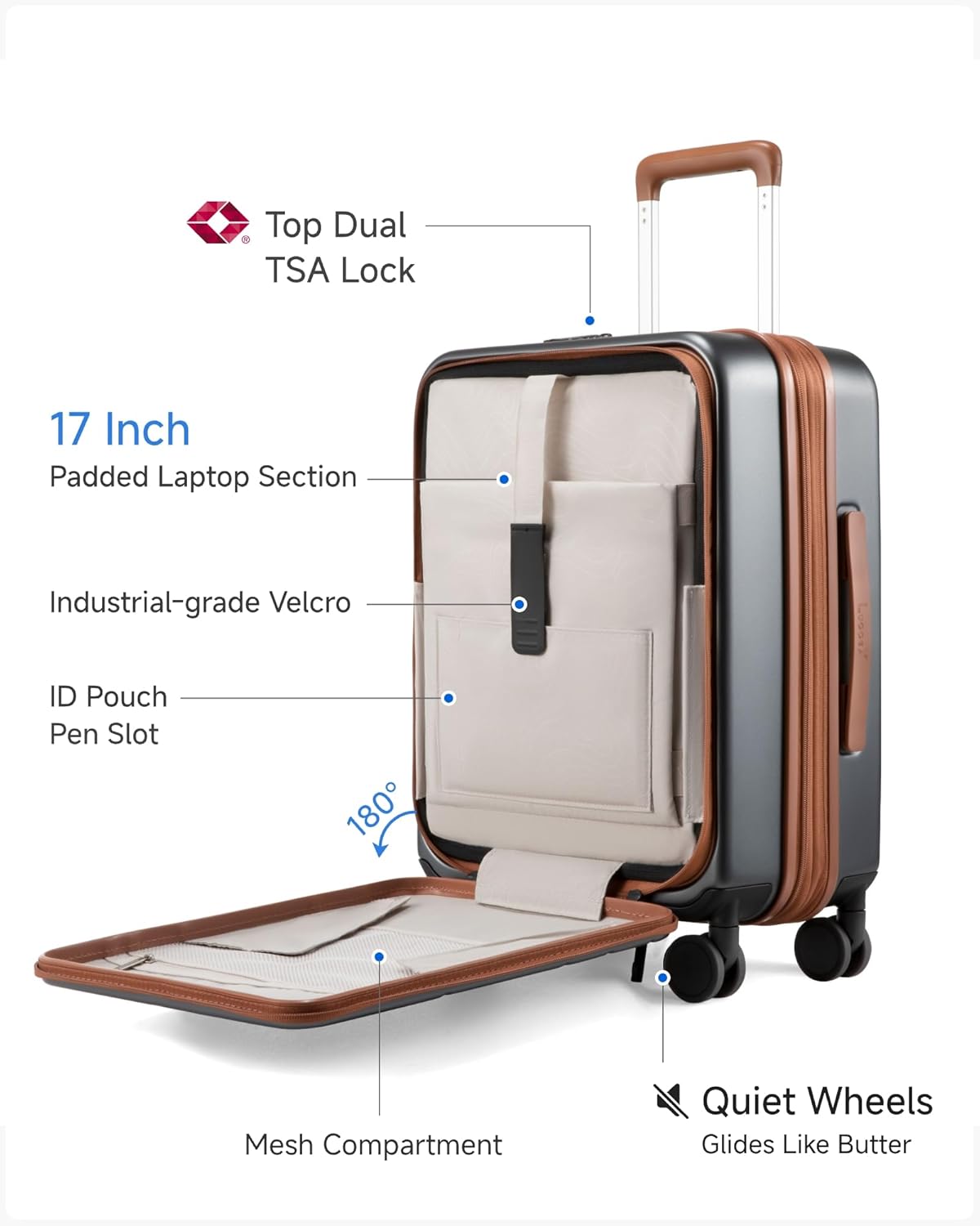 Carry On Luggage 22x14x9 Airline Approved, FLO5 Expandable Polycarbonate Suitcase with Front Pocket (FX-Core, Brown-Black, 20 Inch)
