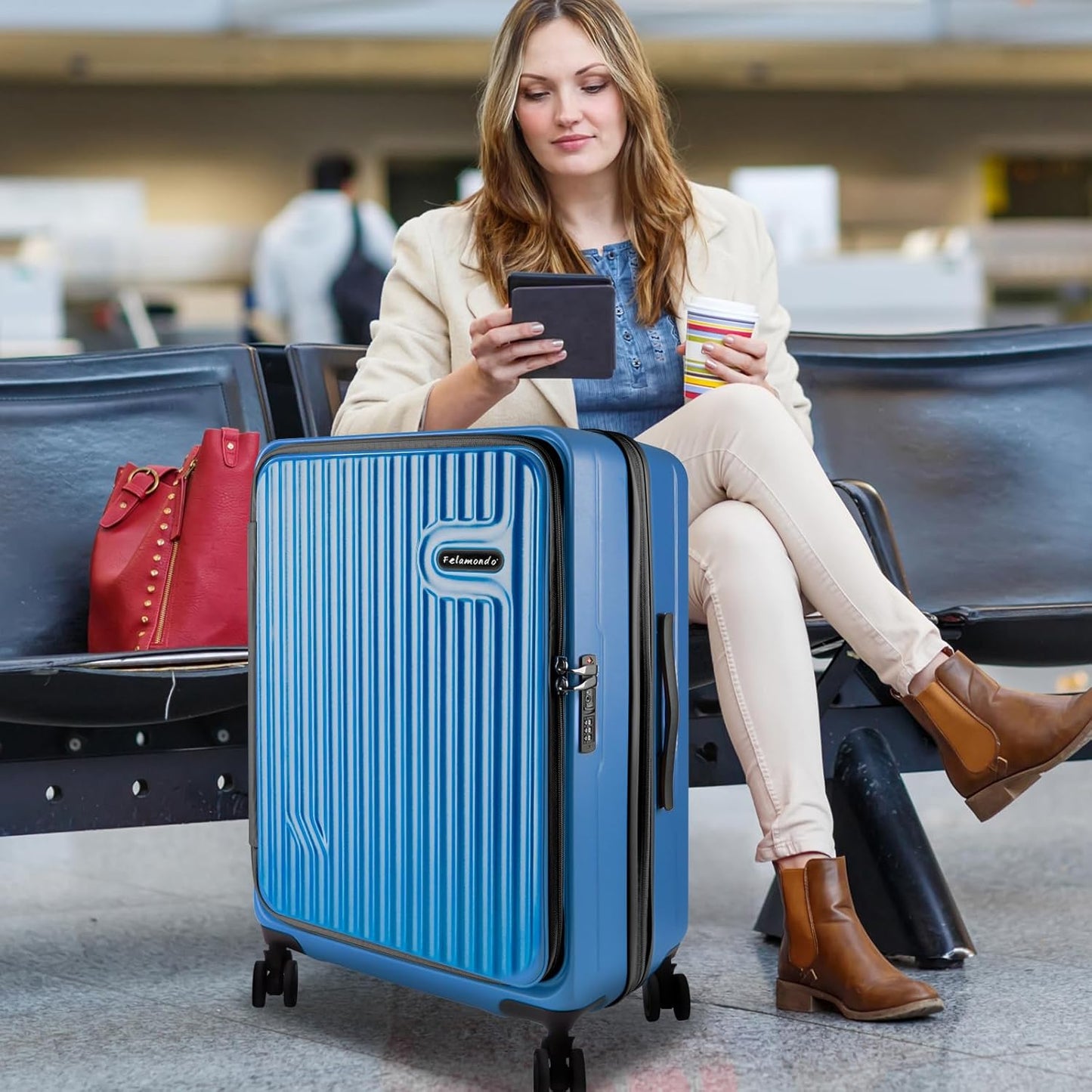 24-inch Top Opening Luggage with 360° Silent Wheels, TSA Lock, Collapsible Cup Holder & Bag Hook - Lightweight Hardshell Suitcase for Business Travel & Vacation(Blue)