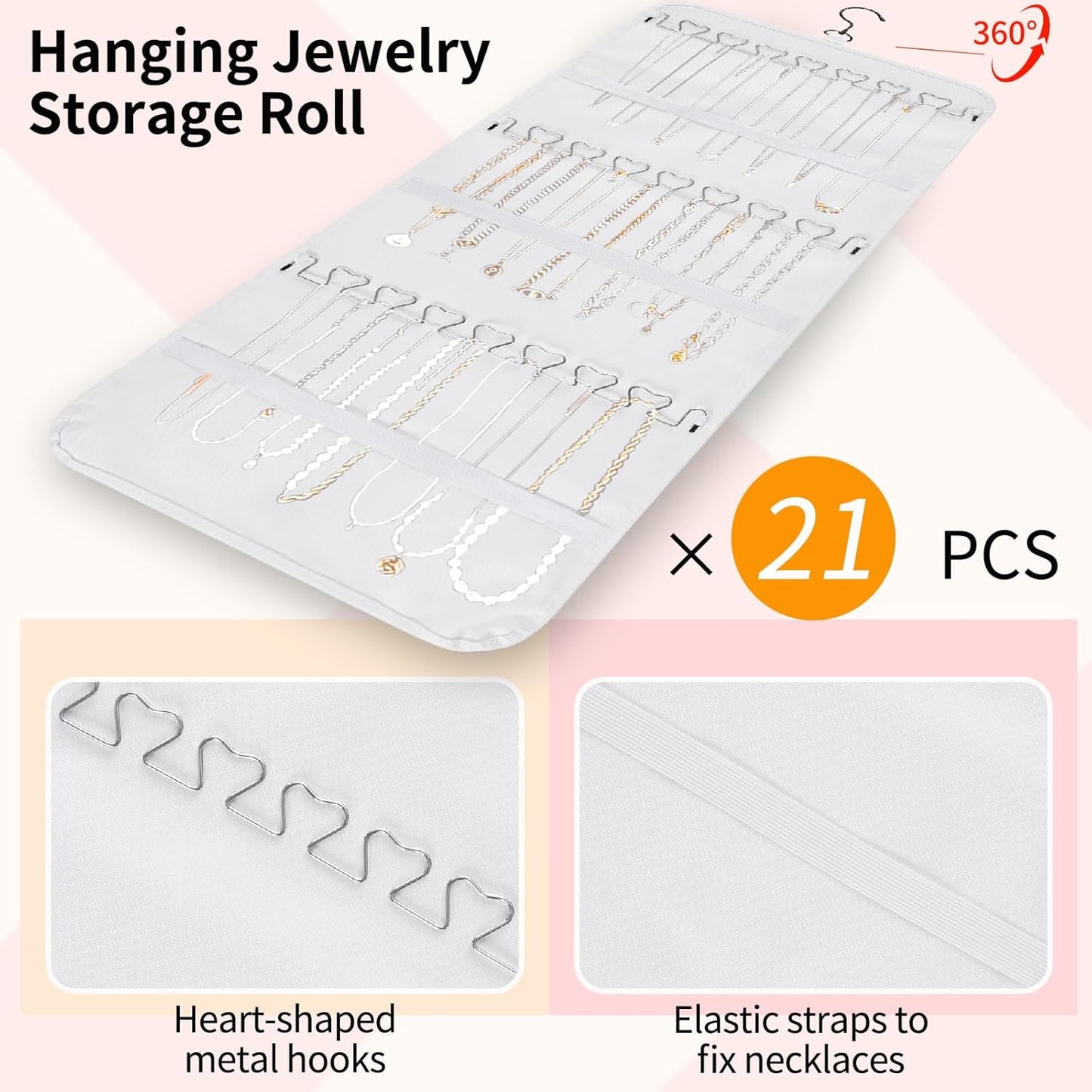 Bloss Hanging Jewelry Organizer, Double-Size jewelrys Storage with Hanger Hooks, Large Jewelrys Storage with 48 Pocket, Earring,Necklace Holder,Womens Jewelry Holder,White