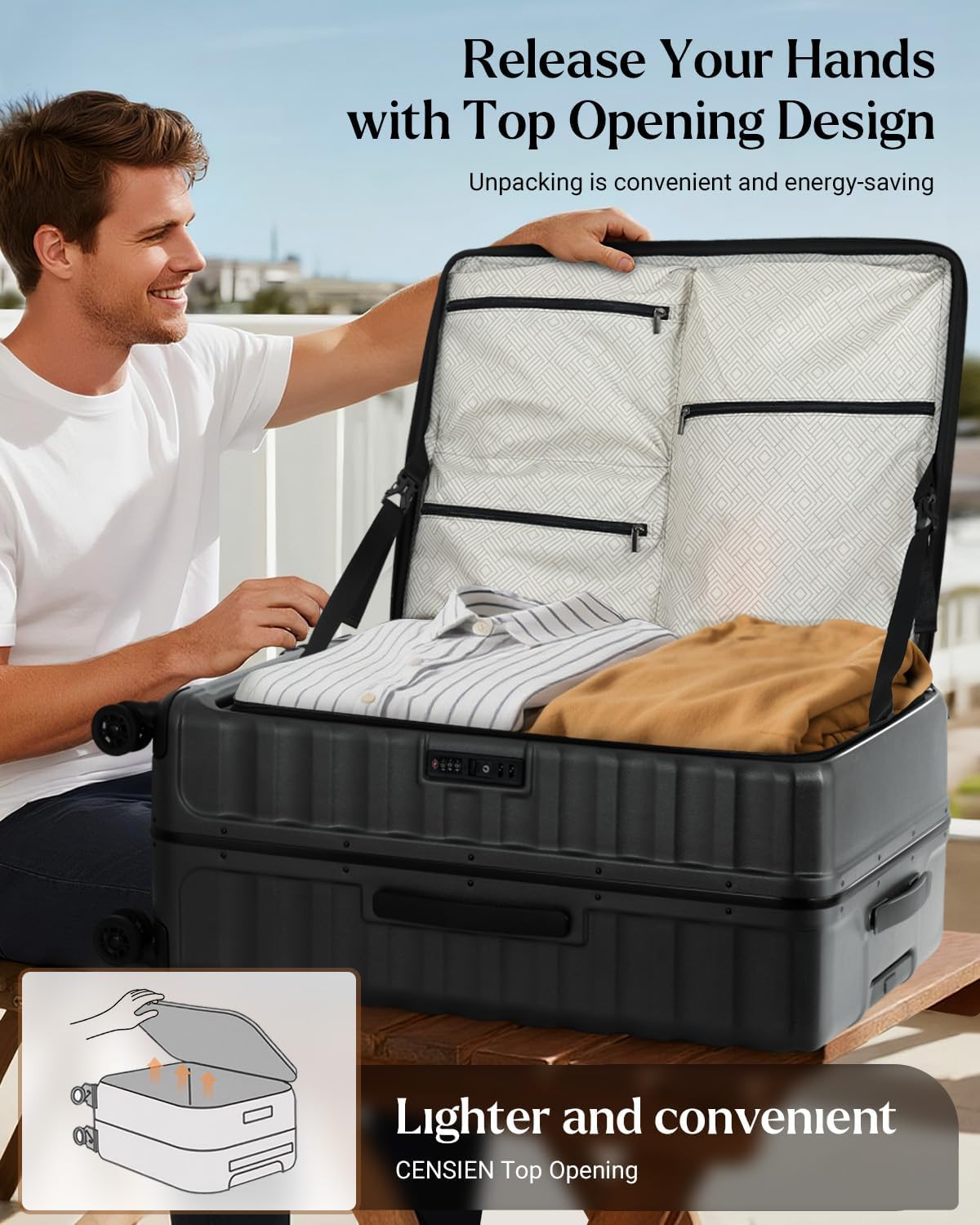 Luggage Sets 2 Pieces, 20/28 Inch PC Hardshell Suitcase with Spinner Wheels, 20 Inch Expandable Clamshell Carry On Luggage and 28 Inch Aluminum Frame Top Opening Checked Luggage (Black)