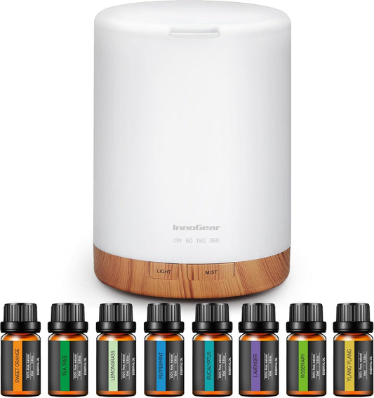 InnoGear Aromatherapy Diffuser & 8 Essential Oils Set, 300ml Premium 5-in-1 Ultrasonic Essential Oil Diffusers Scent Humidifier Aroma Diffuser Vaporizer Auto-Off Timer for Room Office Home, Yellow