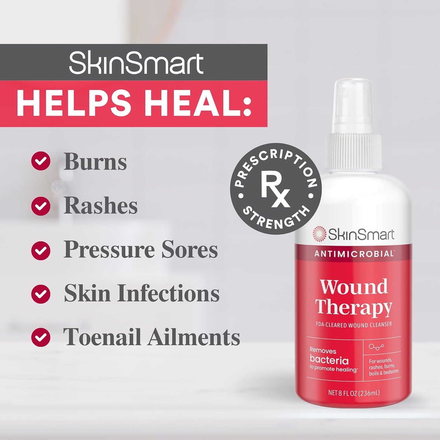 SkinSmart Antimicrobial Wound Therapy, Hypochlorous Acid Safely Removes Bacteria so Wounds Can Heal, 8 Ounce Clear Spray