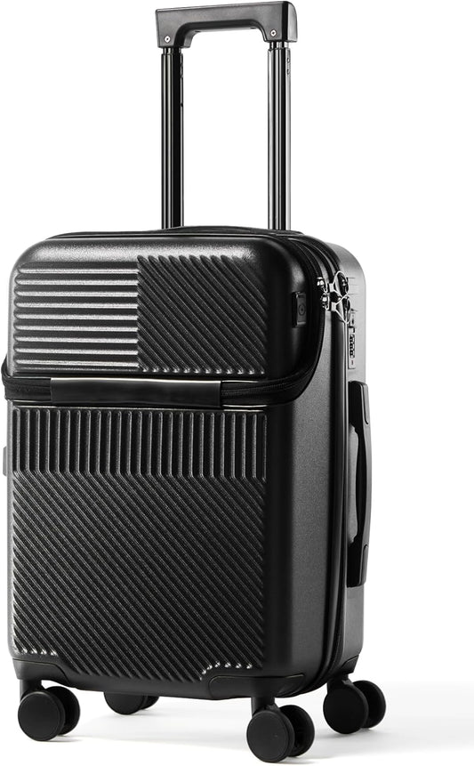 UrbanExplorer 20 Inch Carry-On Luggage with Front Opening, Cup Holder & USB Port, Lightweight ABS+PC Hardshell Spinner Suitcase, Airline Approved, 360° Wheels, Black