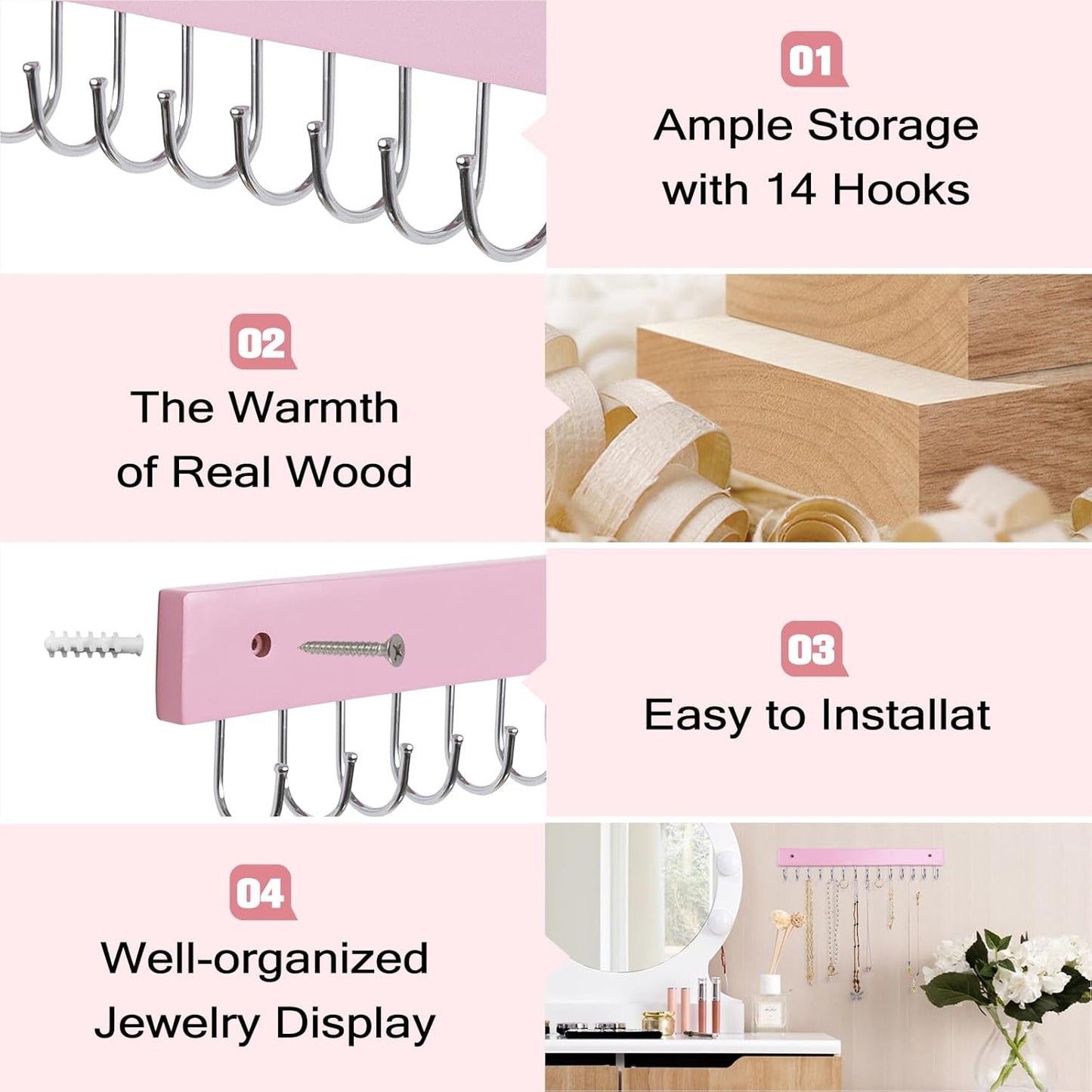 Wall Mounted Necklace Holder, Morden Style Necklace Holder, Tangle Free Wall Jewelry Organizer with 28 Hooks(2 Packs,Pink)