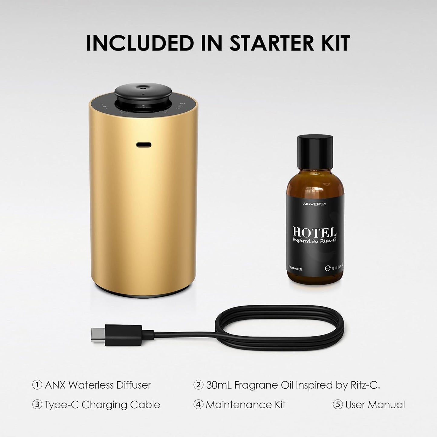 Waterless Essential Oil Diffuser Starter Kit with 30mL Hotel Scent Fragrance Oil Inspired by Ritz-C., Battery Operated Premium Portable Mini Scent Air Machine for Home Car Office, Gold ANX