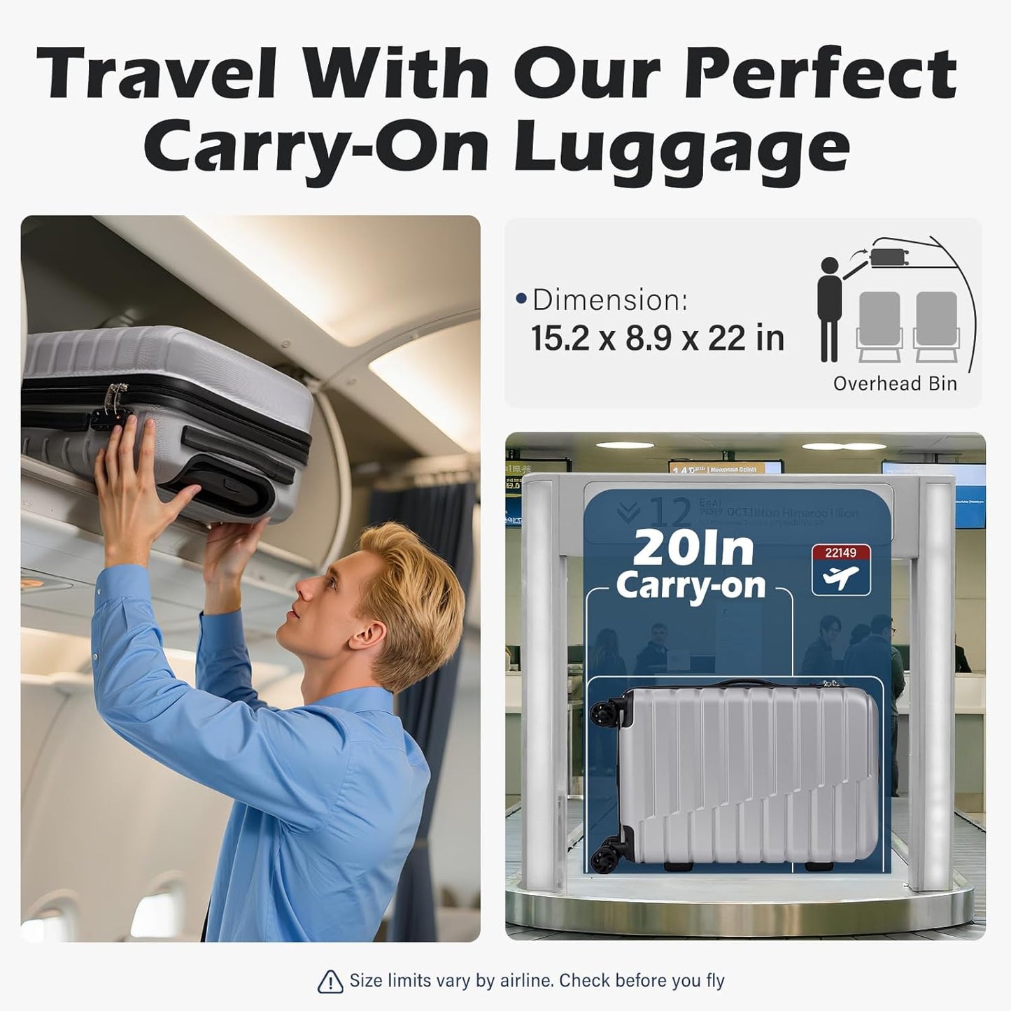 Coolife Carry On Luggage Airline Approved with Wheels Hard Shell Suitcase Spinner TSA Lock Telescopic Handle 20-inch,Silver