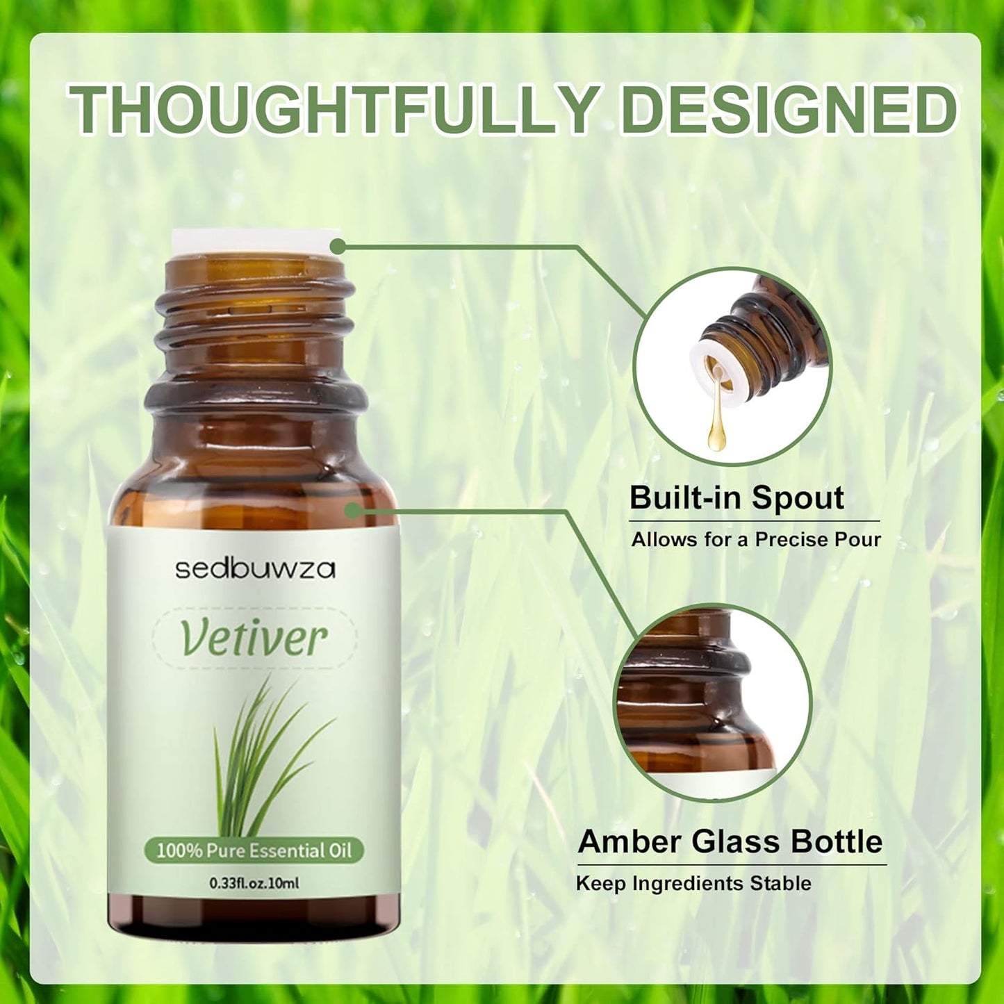 Sedbuwza Vetiver Essential Oil, Pure Organic Vetiver Fragrance Oil for Diffuser, Humidifier, Soap, Candle, Perfume