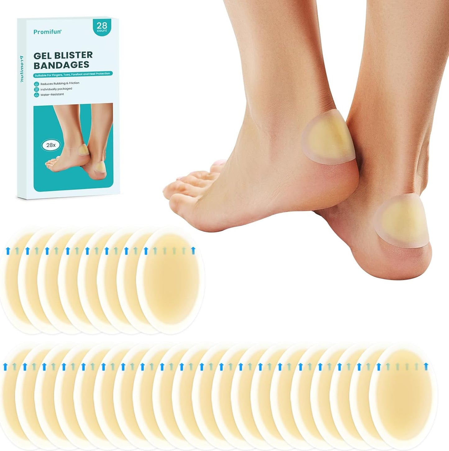 Blister Bandages Blister Pads - 28 ct Blister Cushions - Water Resistant Hydrocolloid Bandages for Foot, Toe, Heel - Gel Blister Bandages for Prevention & Recovery, Heel Pack