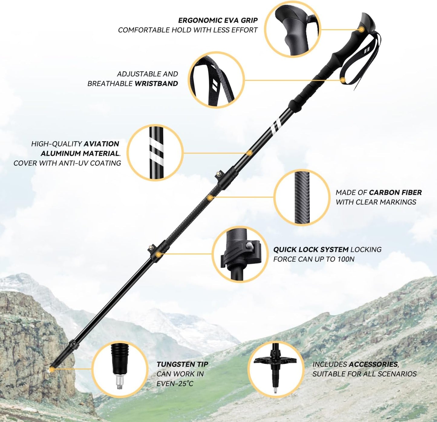 Collapsible Hiking Poles, Lightweight Aluminum Adjustable Walking Poles,Carbon Fiber Trekking Poles with Flip Lock and EVA Grips Suitable for All Kinds of Travel