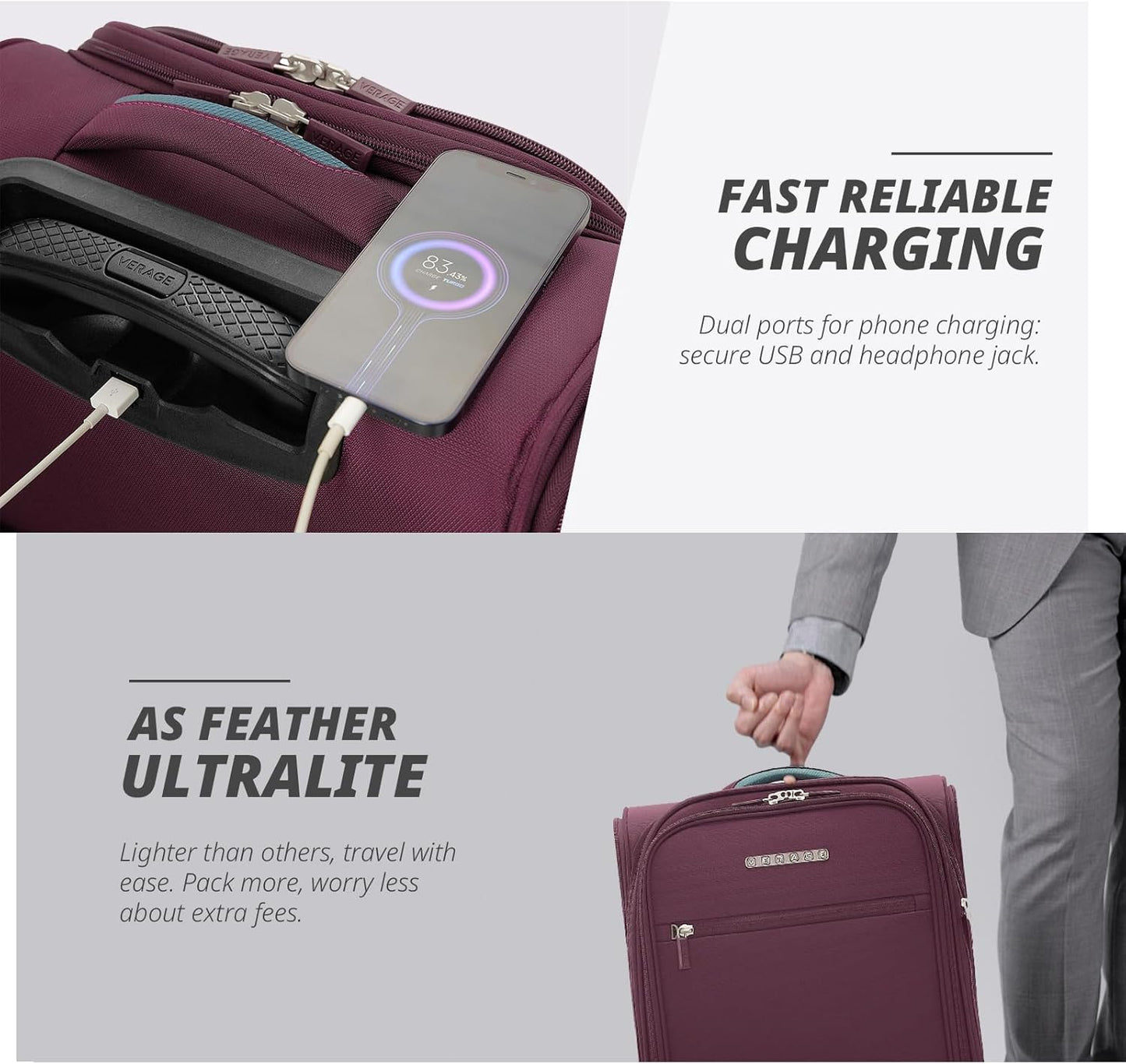 Verage Under Seat Luggage with Wheels，Softside Small Suitcase Spinner Carry On Luggage Bags for Airlines Airplanes Short Trip Men Women (Grape red, 14-Inch Underseat)