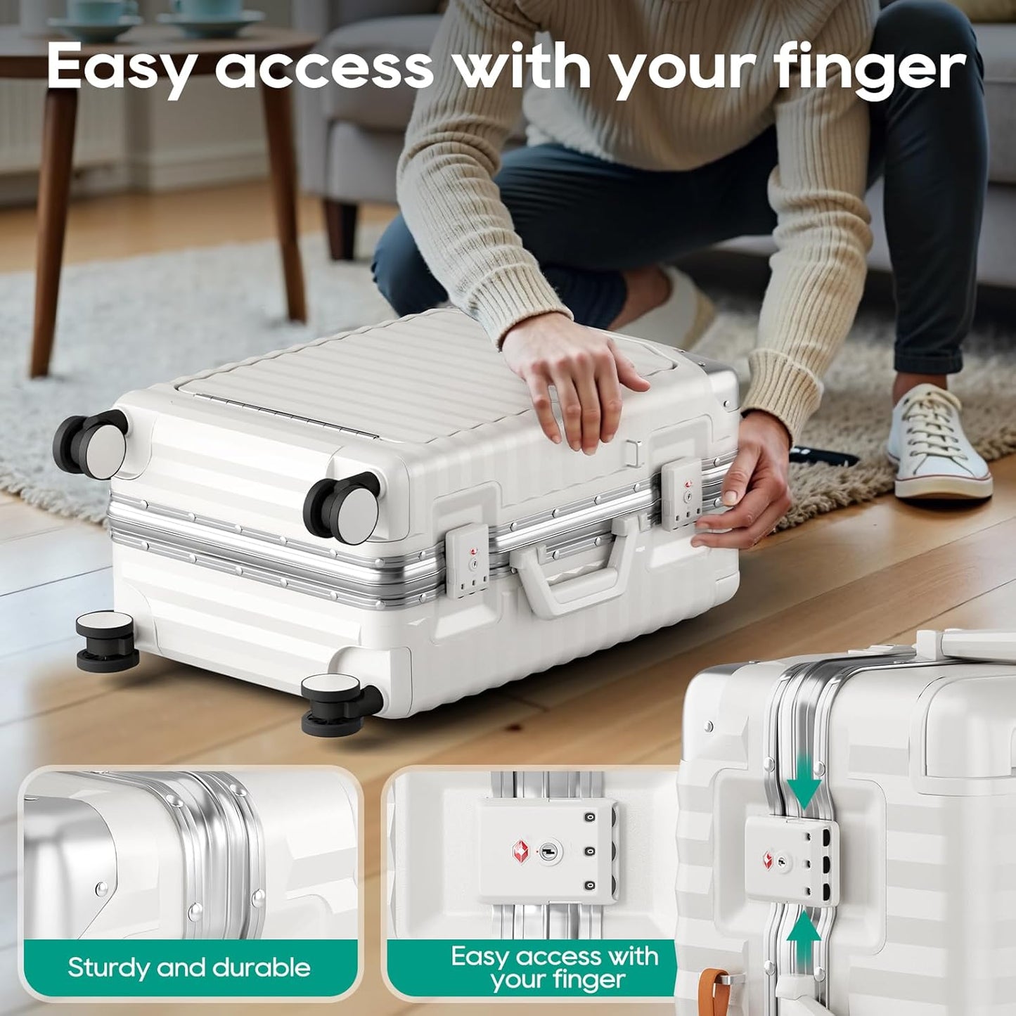 Joyway 20 Inch Carry on Luggage with Aluminium Frame and Front Pocket, PC Hardshell Suitcase with USB Port and Cup Holder, 21.5x14.2x9 Airline Approved, Luggage with Spinner Wheels and TSA Lock(White)