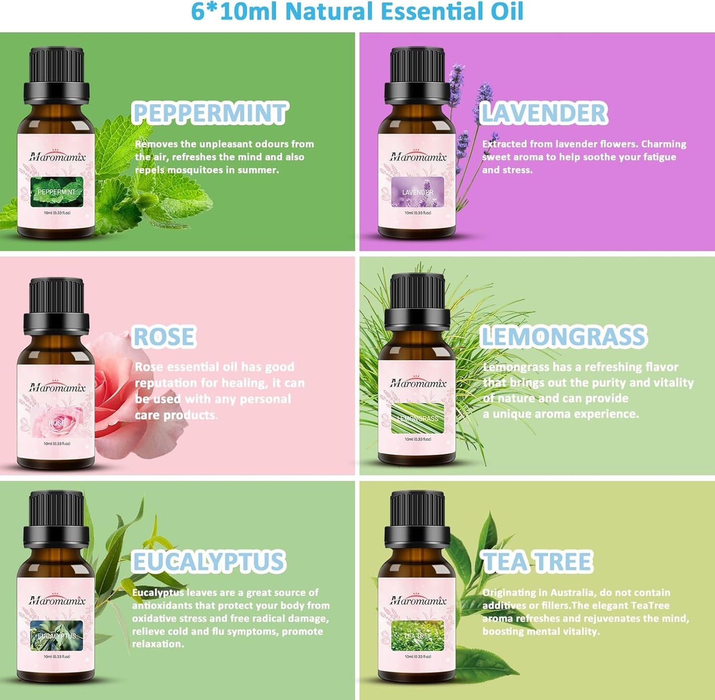 Oil Diffuser & Essential Oils Set - Oil Diffuser 150ml with 6 Essential Oils Set, Aromatherapy Cool Mist Oil Diffusers for Essential Oils, Waterless Auto Shut-Off，7 Colors Night Light,Gifts for Mom