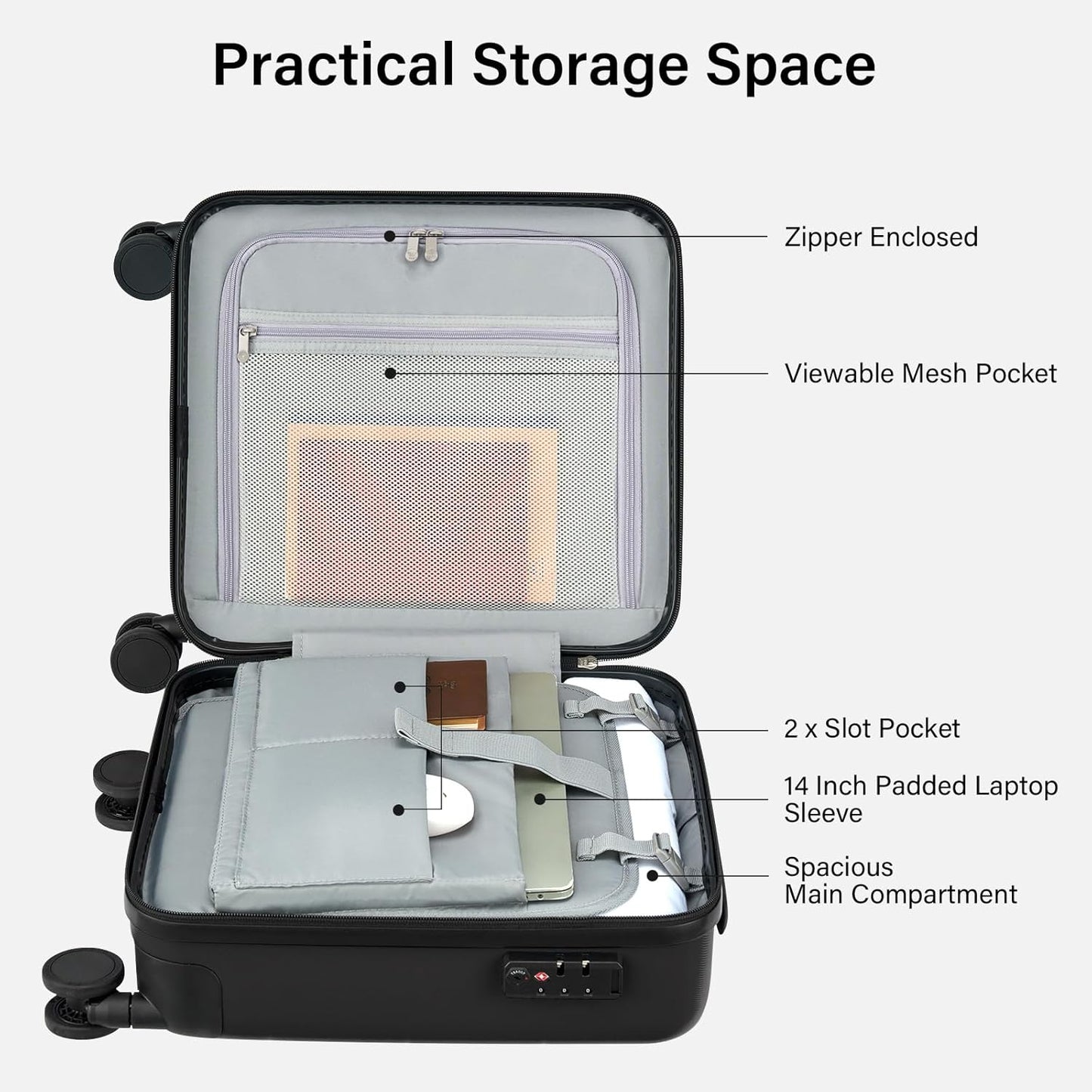 Hanke 16 Inch Underseat Carry On Luggage with Wheels Hard Shell Mini Small Suitcases Carry On Bag for Airline Approved TSA Luggage Lightweight Travel Suitcase(Black)