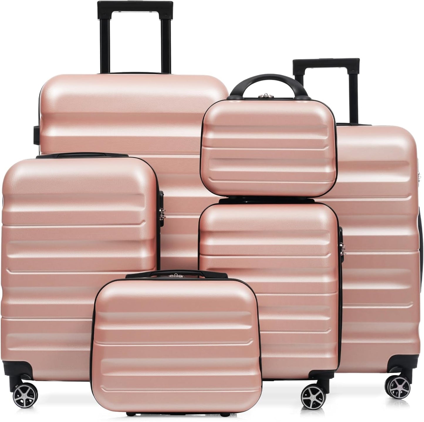 Merax Luggage Set 6 Piece, Hardshell ABS Suitcases with 8 Silent Spinner Wheels, Durable and Lightweight Travel Luggage for Family Trips, Rose Gold