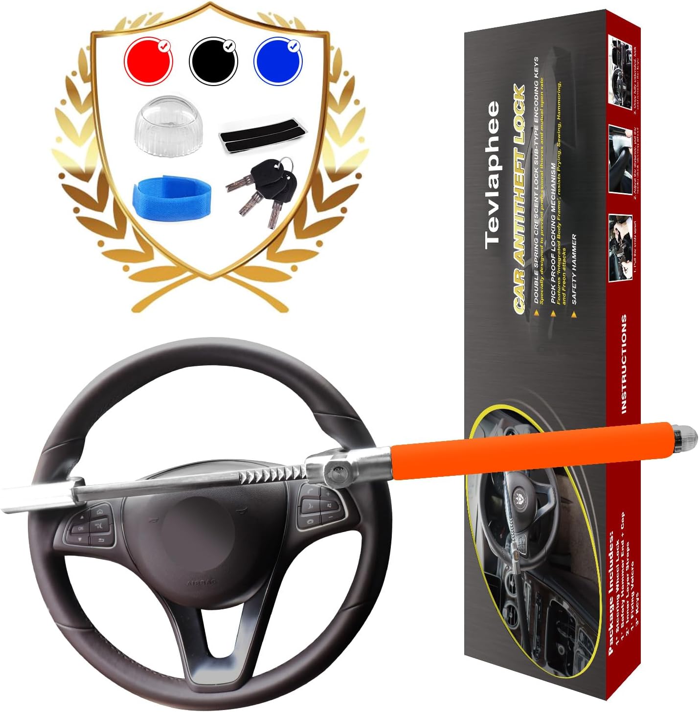 Tevlaphee Steering Wheel Lock, Steering Lock, Car Anti-Theft Device, Adjustable, Universal Fit, Heavy Duty Secure, 3 Keys, Emergency Hammer Window Breaker(Orange)