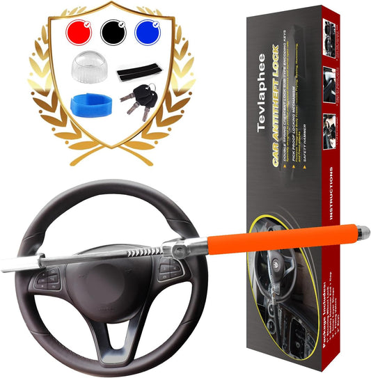 Tevlaphee Steering Wheel Lock, Steering Lock, Car Anti-Theft Device, Adjustable, Universal Fit, Heavy Duty Secure, 3 Keys, Emergency Hammer Window Breaker(Orange)