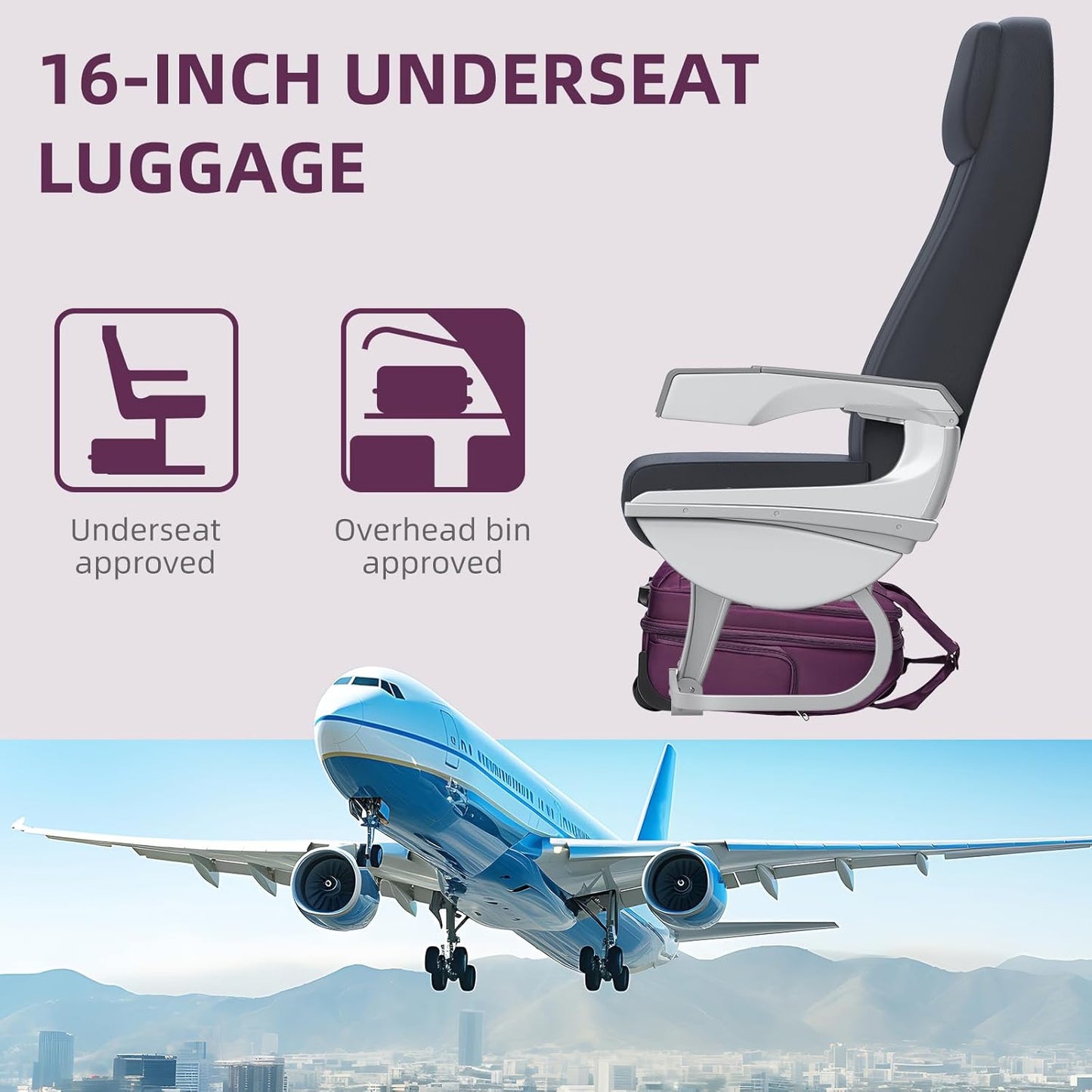 LARVENDER Underseat Carry On Luggage with Wheels Softside 16-inch Underseater Luggage Lightweight Overnight Suitcase for Men Women, Purple, 3 Piece (16/BP/TB)