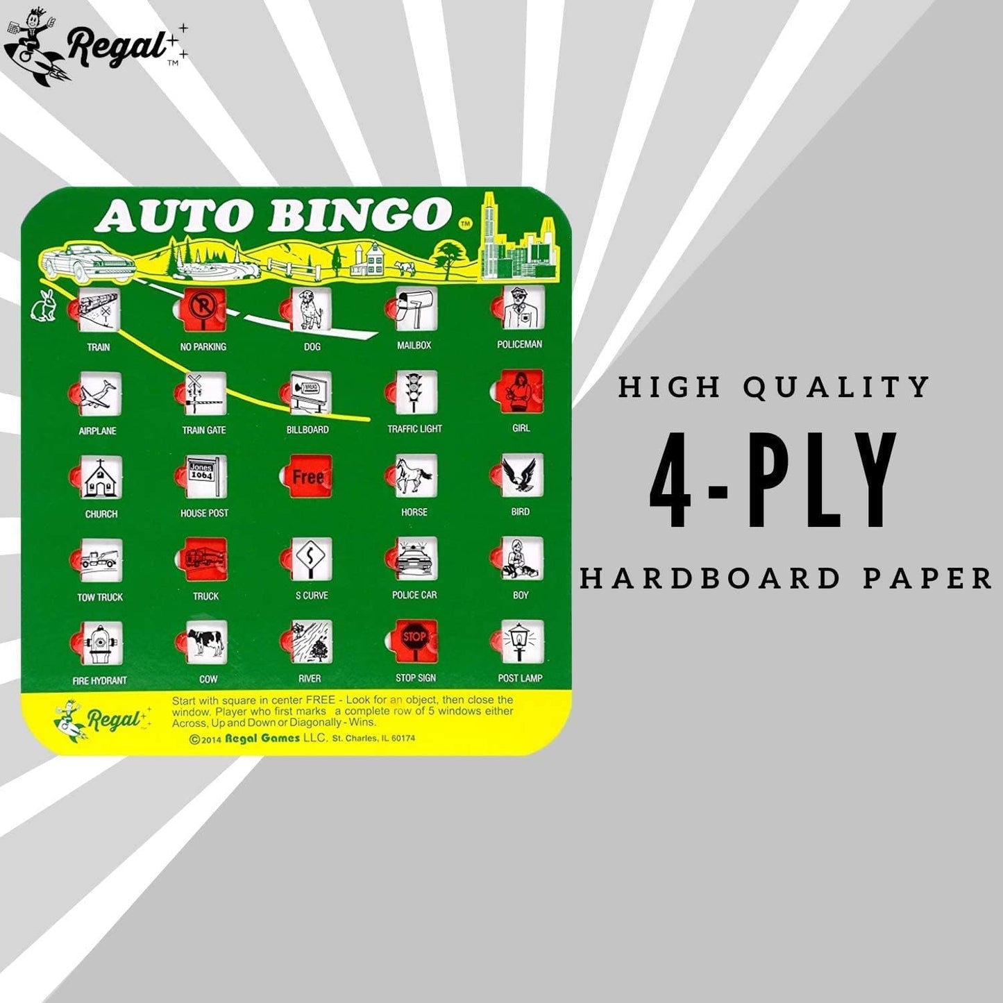 Regal Games Finger-Tip Shutter Bingo Cards with Sliding Windows - Auto Bingo Game Set - Assorted Travel Game for Adults & Kids - Reusable, No Chips & Daubers Needed - 4 Packs - Green