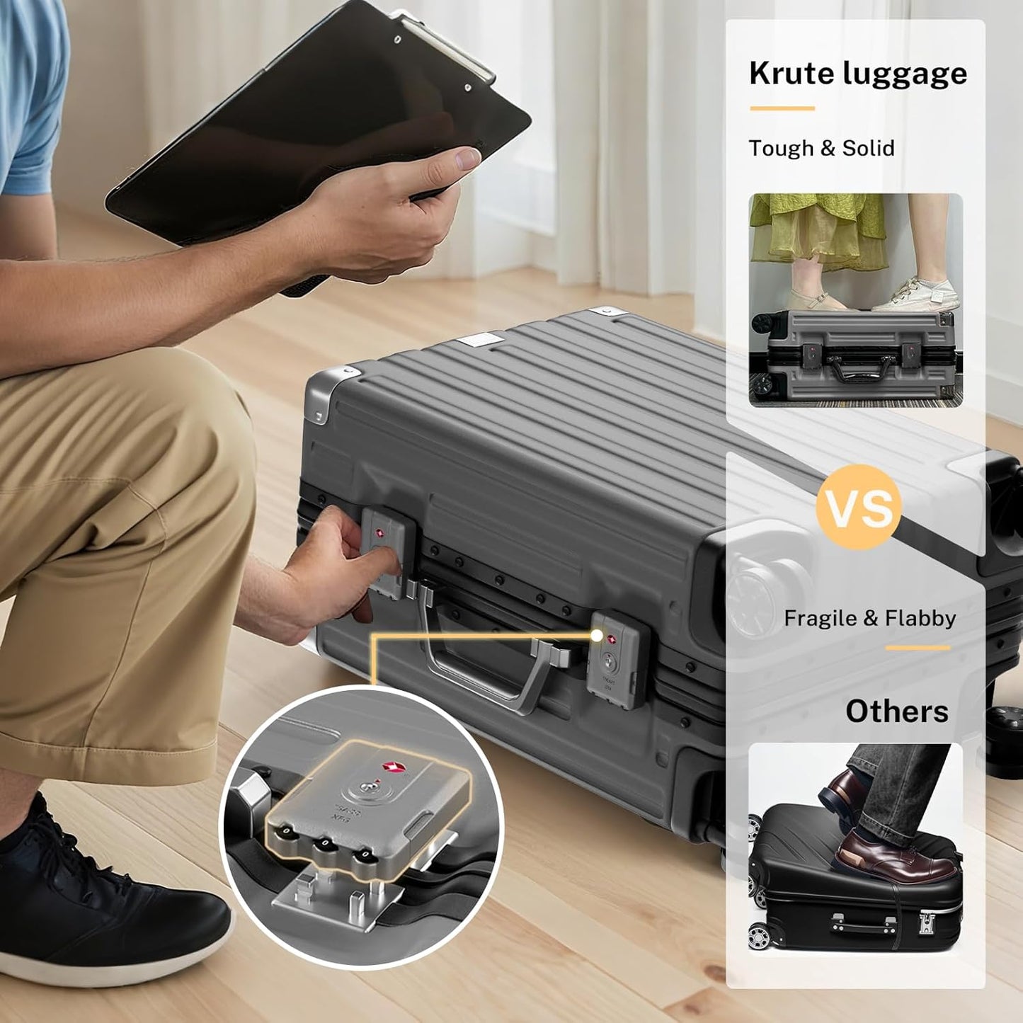 Krute Large Luggage 28 inch Zipperles Suitcase With Spinner Wheels USB Charger Hardside PC Aluminum Frame Luggages Checked Suitcases with TSA Lock (1 Piece)