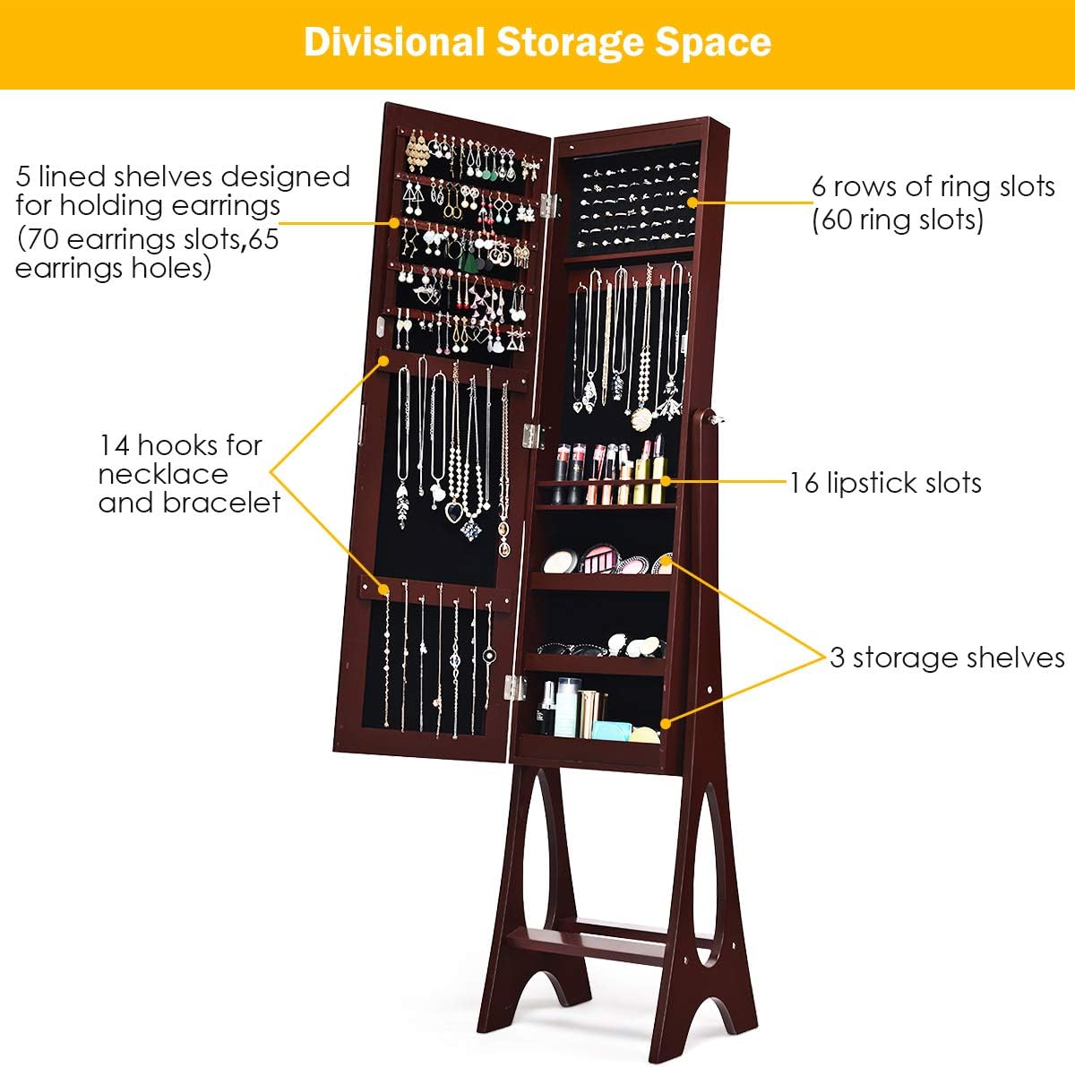 Giantex 12 LED Jewelry Armoire Cabinet with Frameless Full-length Mirror, Standing Jewelry Cabinet with 16 Lipstick Holders, Large Storage Capacity, 3 Angles Adjustable (Brown)