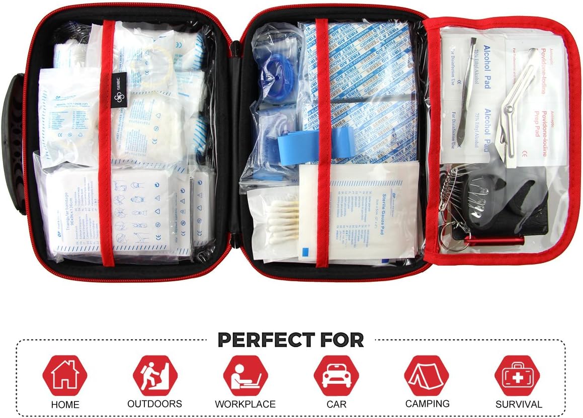 Compact First Aid Kit (228pcs) Designed for Family Emergency Care. Waterproof EVA Case and Bag is Ideal for The Car, Home, Boat, School, Camping, Hiking, Office, Sports. Protect Your Loved Ones. Red